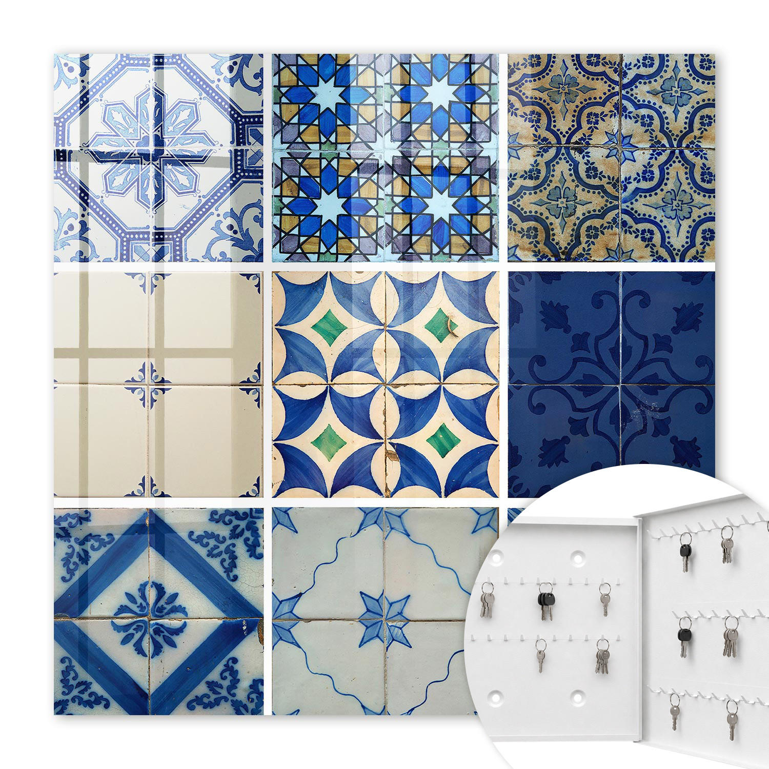 SCHLÜSSELBOX Weiß 30x30 cm – Türöffnung nach rechts - Azulejos-Fliesen - Blau, Metall (30/30/5cm) - TULUP