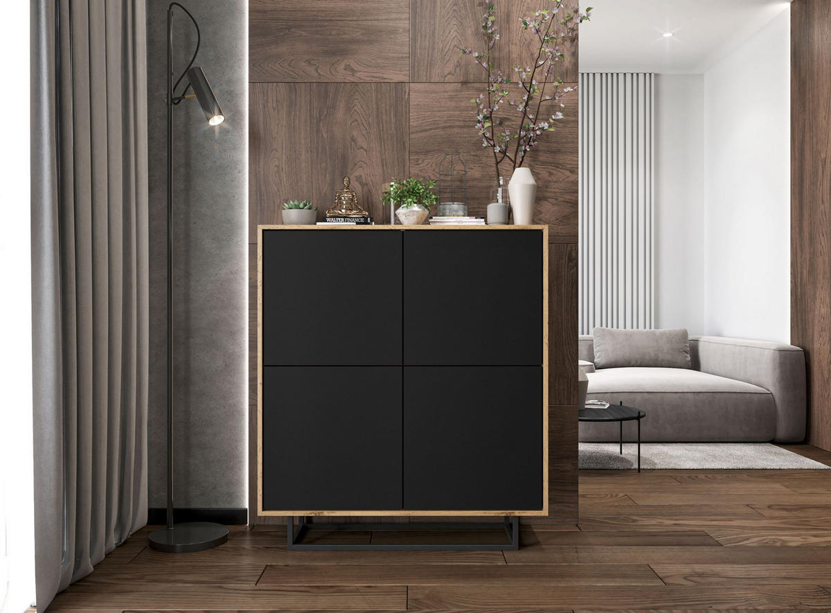 KOMMODE Apollo 4D Eiche wotan Schwarz Matt 113 cm - Schwarz, Holzwerkstoff/Metall (113/127/35cm) - Meble Lindner
