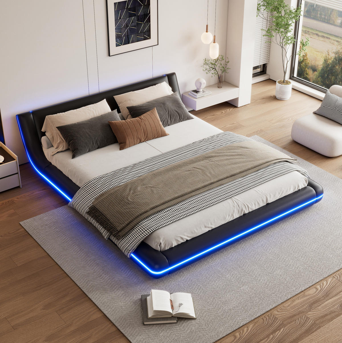 KREVET 160/200 cm s LED ambijentalnim osvjetljenjem i PU presvlakom, lako održavanje, Crna - crna, koža (160/200cm) - Redom