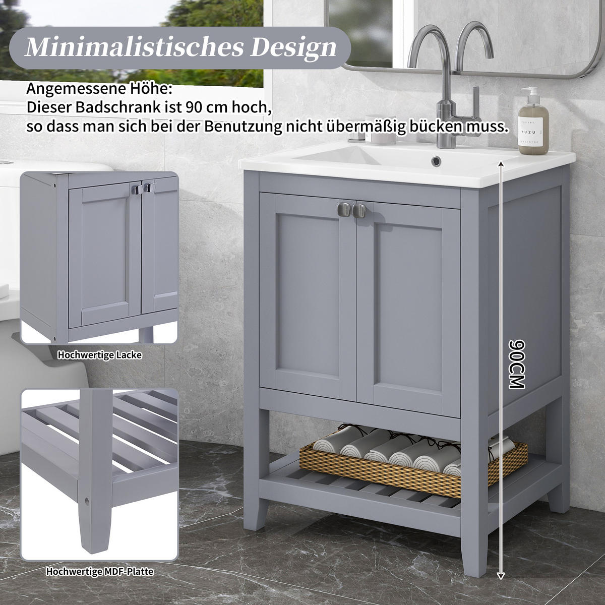 WASCHTISCH Hellgrau 61/46/90 cm - Grau, Holz (61/90/46cm) - PANGIVO