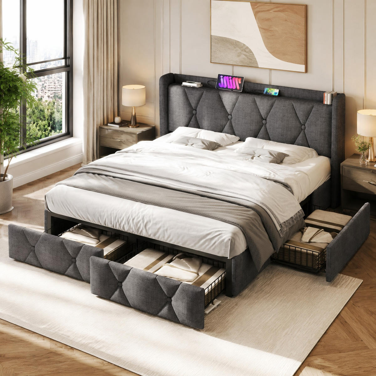 ČALOUNĚNÁ POSTEL 140/200 cm v šedé barvě se 4 zásuvkami, USB a zásuvkami - šedá, kov/kompozitní dřevo (140/200cm) - CHICFURN
