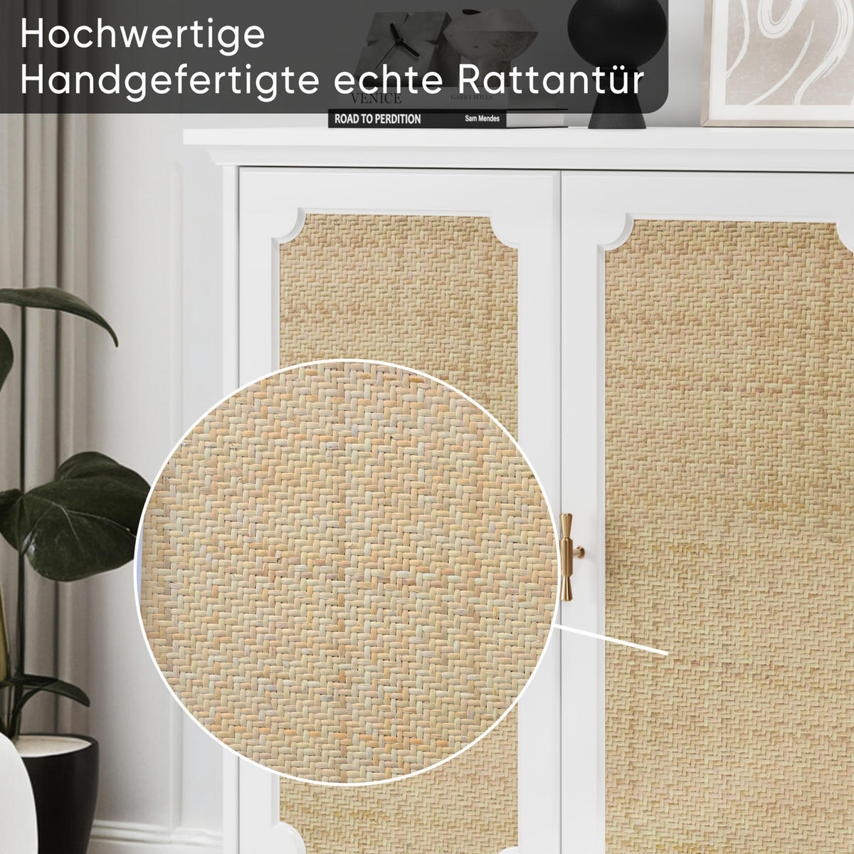 KOMMODE 80/38/86 cm, Rattan-Türen, Weiß, MDF/Spanplatte mit Massivholzbeinen, viel Stauraum, Weiß - Weiß, Holzwerkstoff (80/86/38cm) - Redom