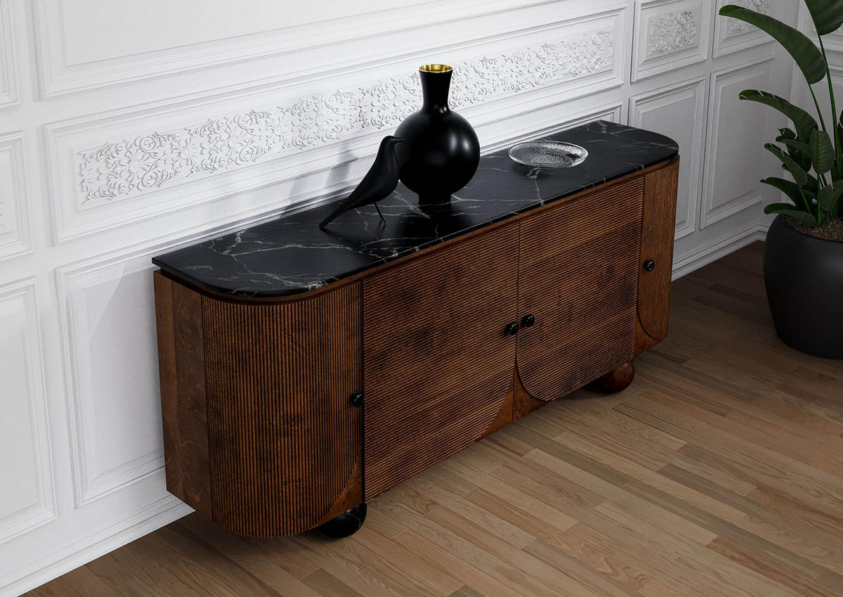 SIDEBOARD Mango 180x40x80 dunkelbraun lackiert / Marmor schwarz FLORENZ #221 - Dunkelbraun, Holz (180/80/40cm) - Massivmoebel24