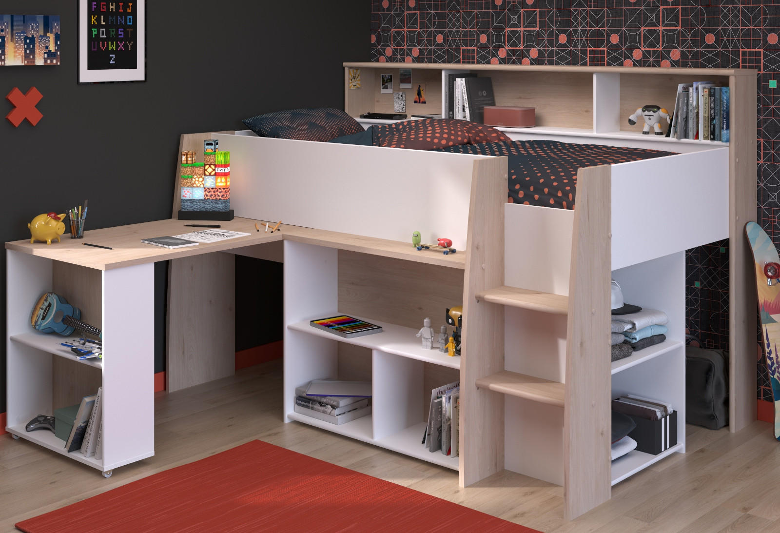HOCHBETT Jugendzimmer Bett 90 x 200 mit Schreibtisch ausziehbar - Multicolor, Holz/Holzwerkstoff (200/90cm) - Parisot Meuble