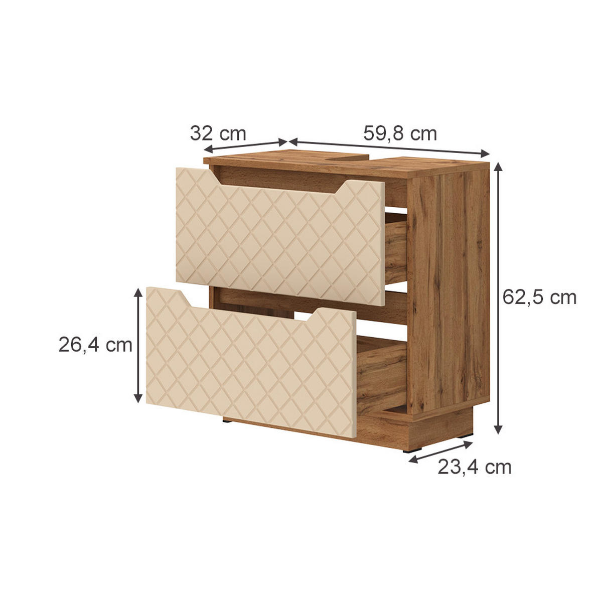 WASCHBECKENUNTERSCHRANK Lotta Eiche/Kaschmir mit Kachelstruktur 59.8 x 62.5 cm mit 2 Schubladen - Kaschmir/Eichefarben, Holzwerkstoff (59.8/62.5/32cm) - Vicco