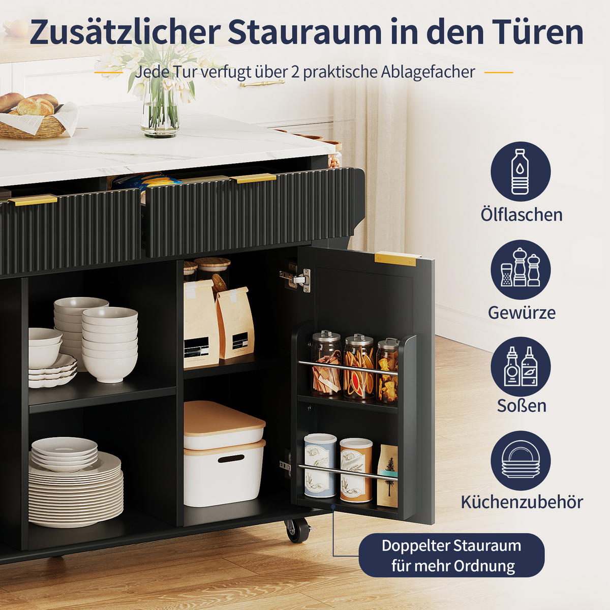 KÜCHENINSEL auf Rollen 143/45/89.5 cm Schwarz mit klappbarer Arbeitsplatte, 2 Schubladen und Stauraum - Schwarz, Holz/Holzwerkstoff (45/89.5/143cm) - Oxeza