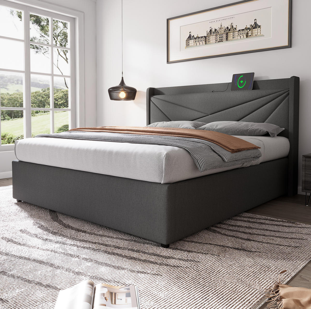 POLSTERBETT mit Bettkasten USB/Typ-C 160x200 cm Grau - Grau, Metall (160/200cm) - Meubliv