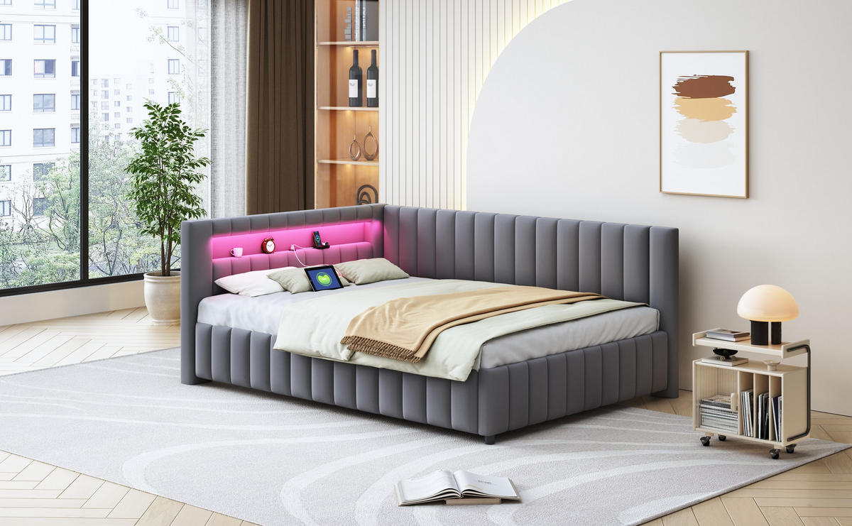 POLSTERBETT 140x200 cm LED USB grau - Grau, Textil (140/200cm) - LEBENLANG