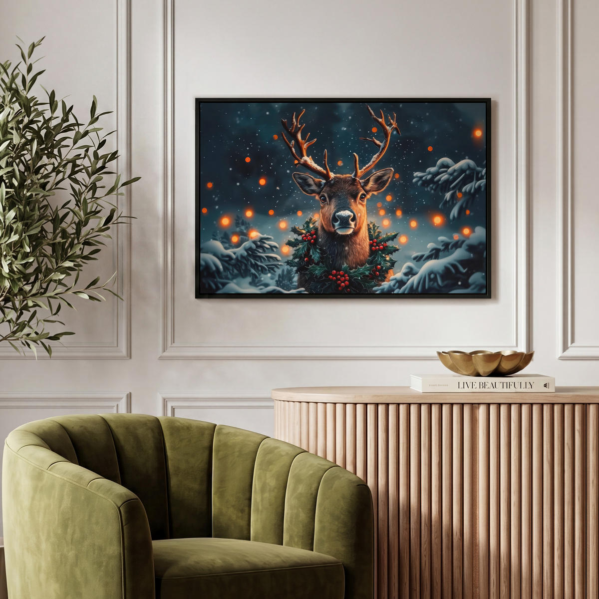 LEINWAND Bilder mit Rahmen - Hirsch - Weihnachten - Winter - Schnee - Weihnachtskranz - 60x40 - Dunkelbraun, Textil (60/40cm) - MuchoWow