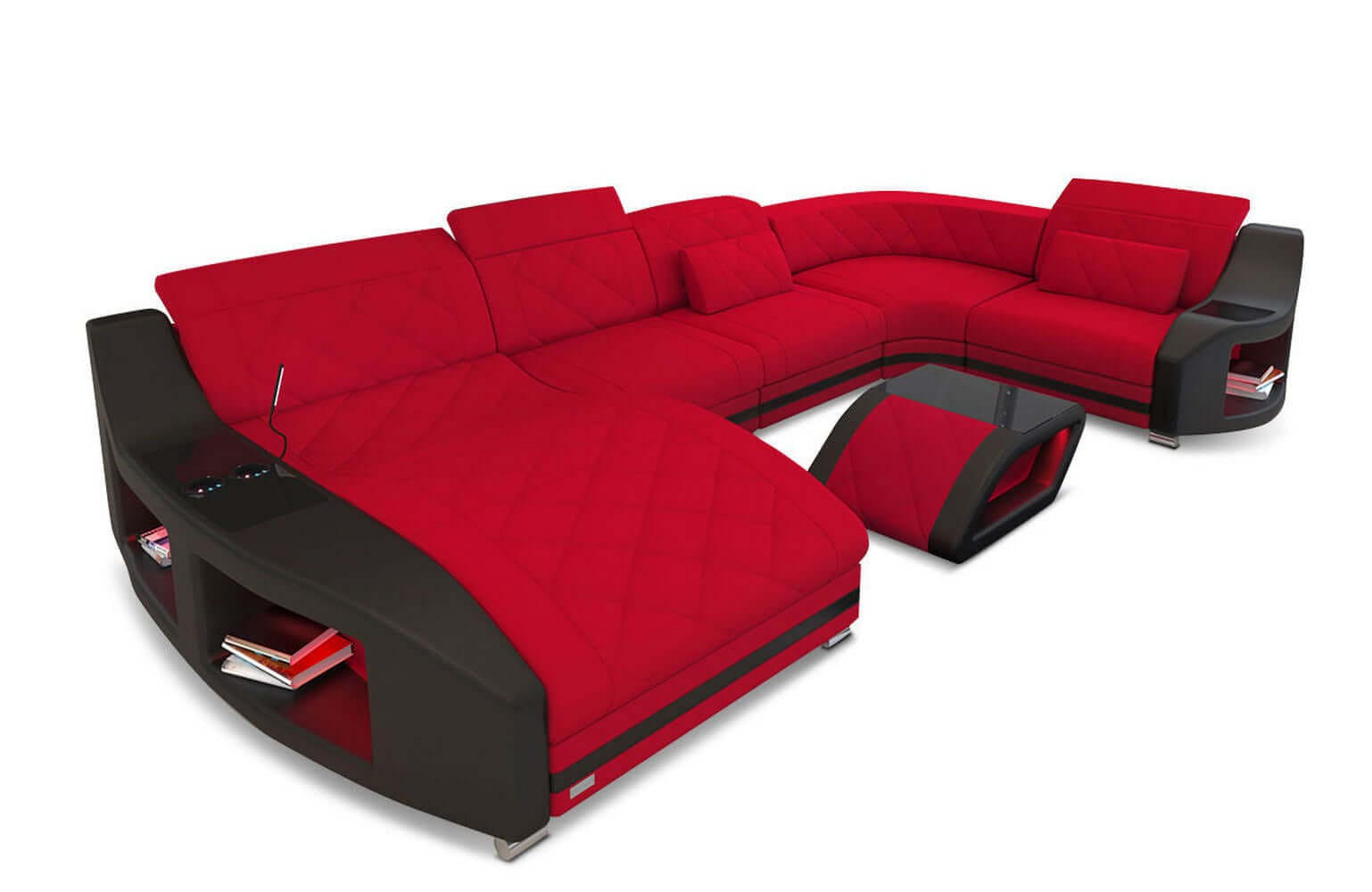 WOHNLANDSCHAFT Stoff Sofa Swing U Form Rot Schwarz Mikrofaserstoff - Rot, Kunststoff (404/90/220cm)