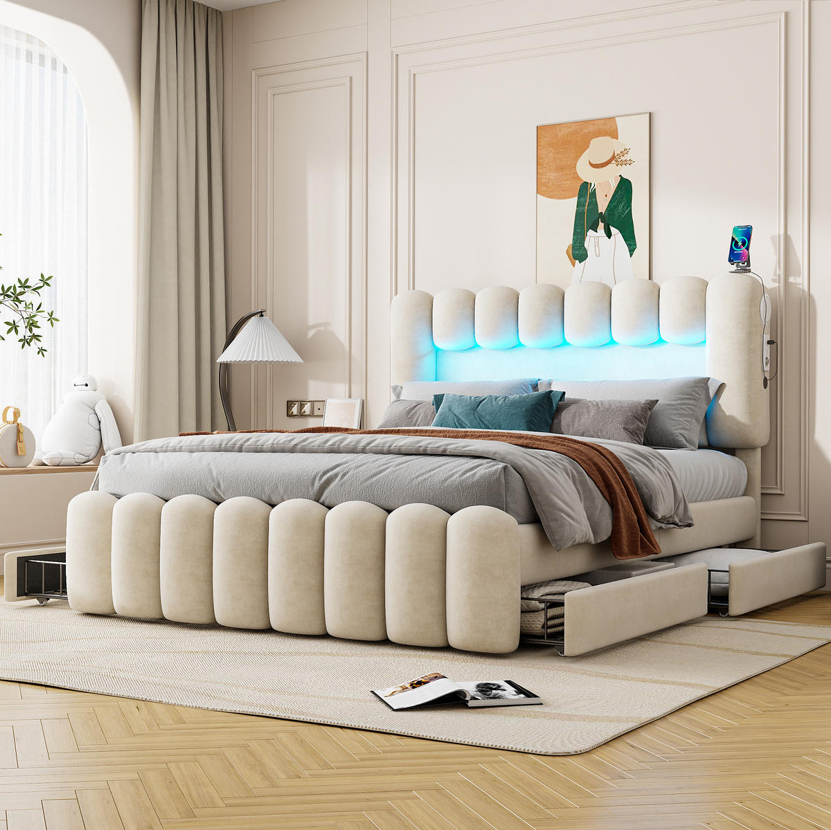 POLSTERBETT mit 4 Schubladen 160x200 cm Samt Beige mit LED, USB und Lautsprechern - Beige, Metall (160/200cm) - Meubliv