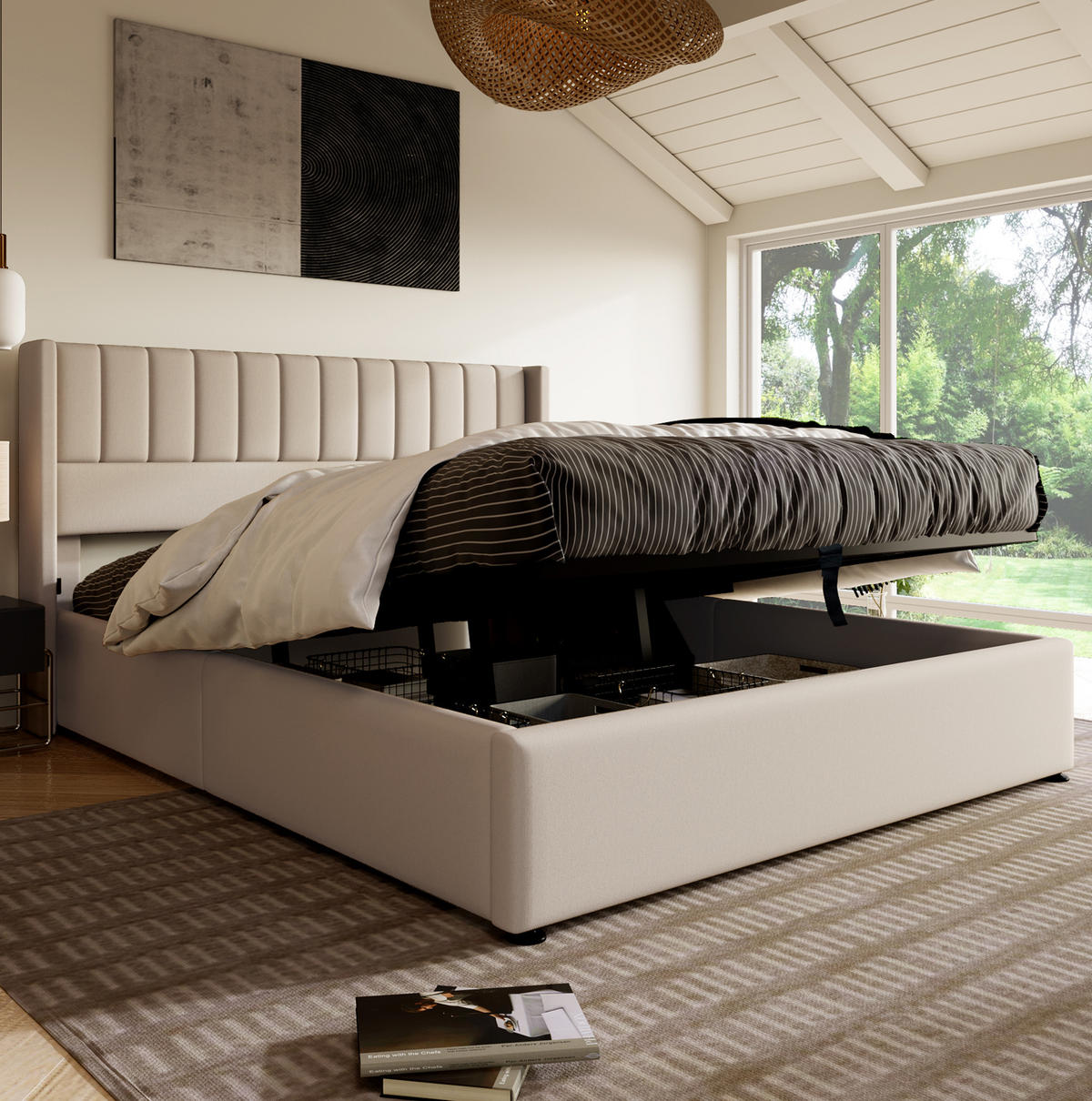 POLSTERBETT mit Bettkasten 160x200 cm Leinen Beige - Beige, Metall (160/200cm) - Meubliv