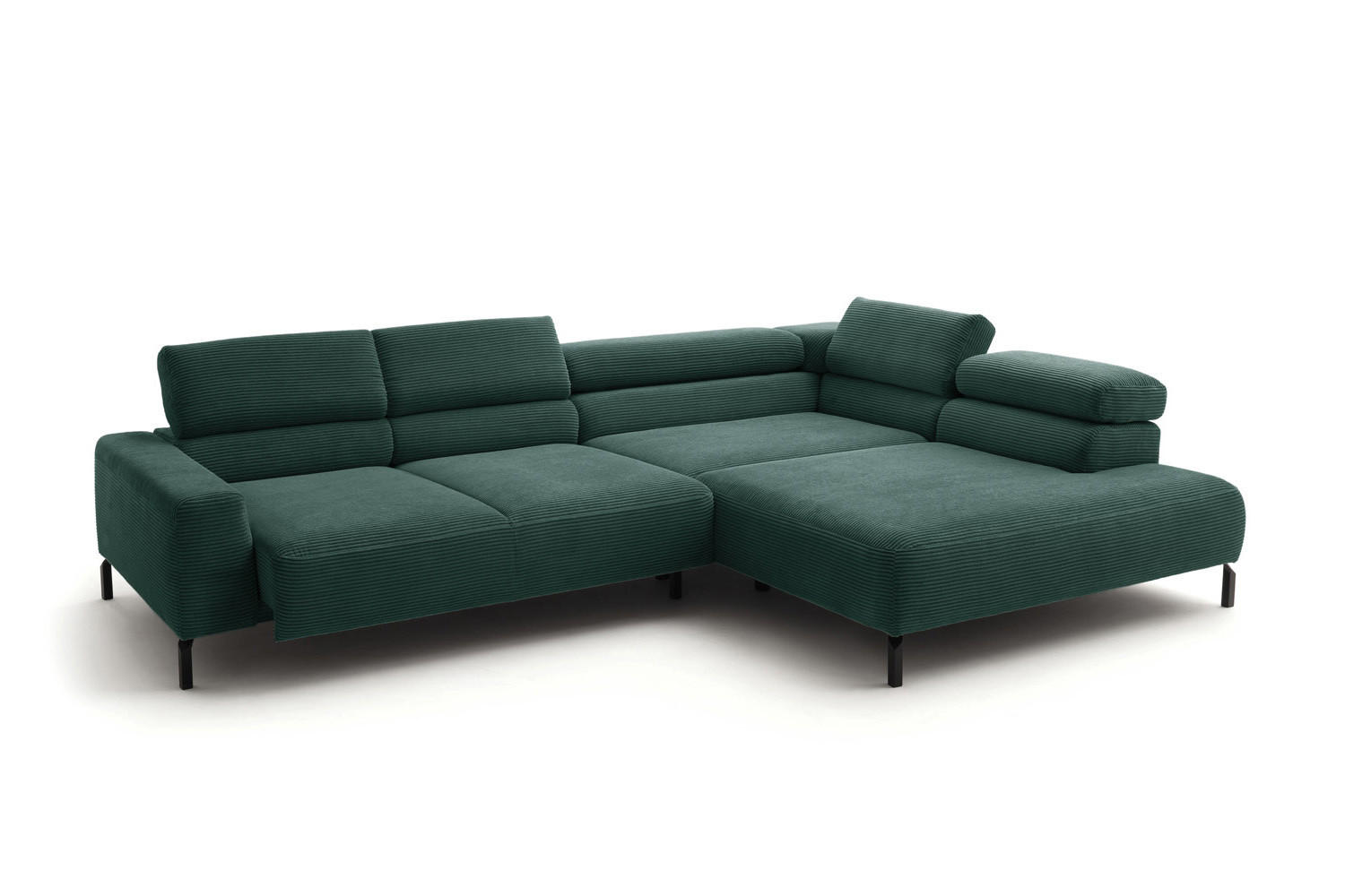 ECKSOFA DELIA Smaragdgrün Cord Relaxfunktion - Smaragdgrün/Schwarz, Textil/Metall (276/219cm) - KAWOLA