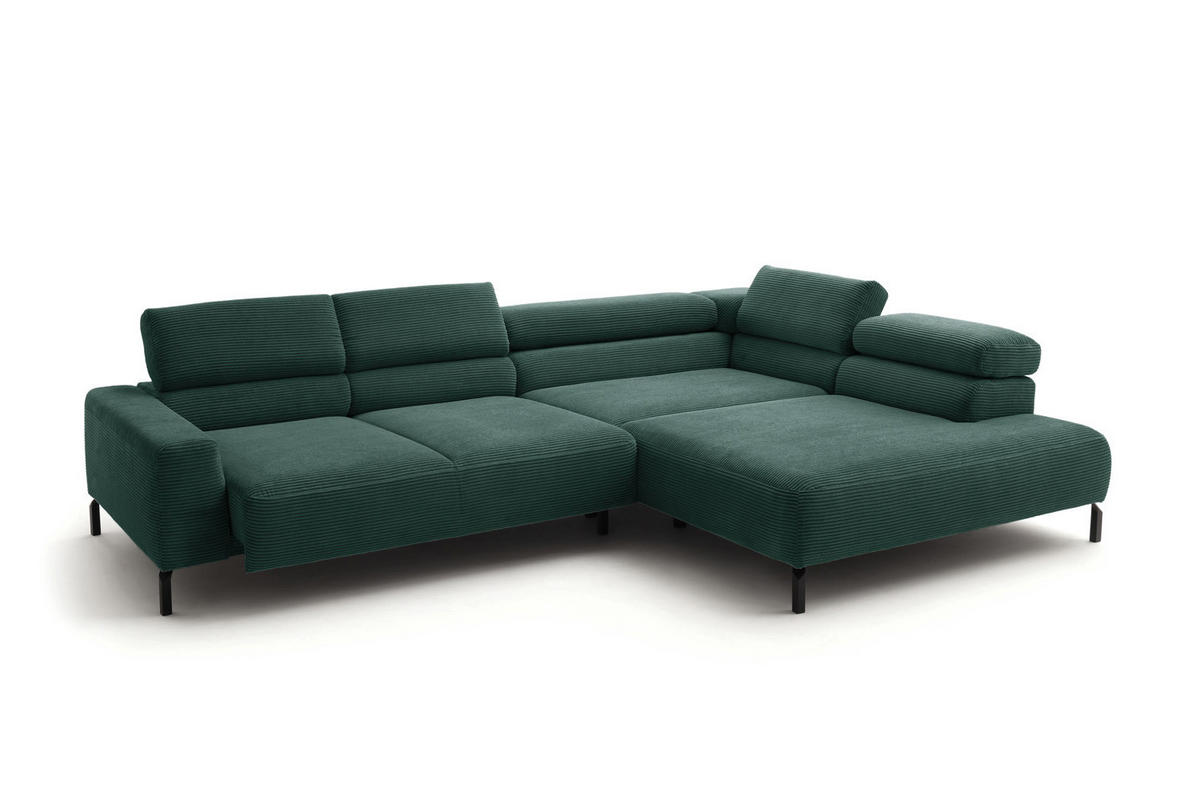 ECKSOFA MIT MOTORISCHEM SITZVORZUG DELIA Smaragdgrün Cord - Smaragdgrün/Schwarz, Textil/Metall (312/219cm) - KAWOLA