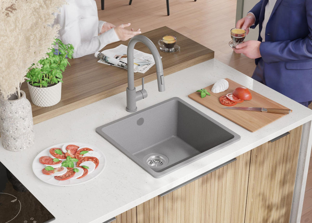 SPÜLBECKEN Venedig Slim Easy, 2-er set Grau 46/44 cm 1 Becken + Ablauf-Set ab 50er Unterschrank - Chromfarben/Grau, Kunststoff (46/20/44cm) - Primagran