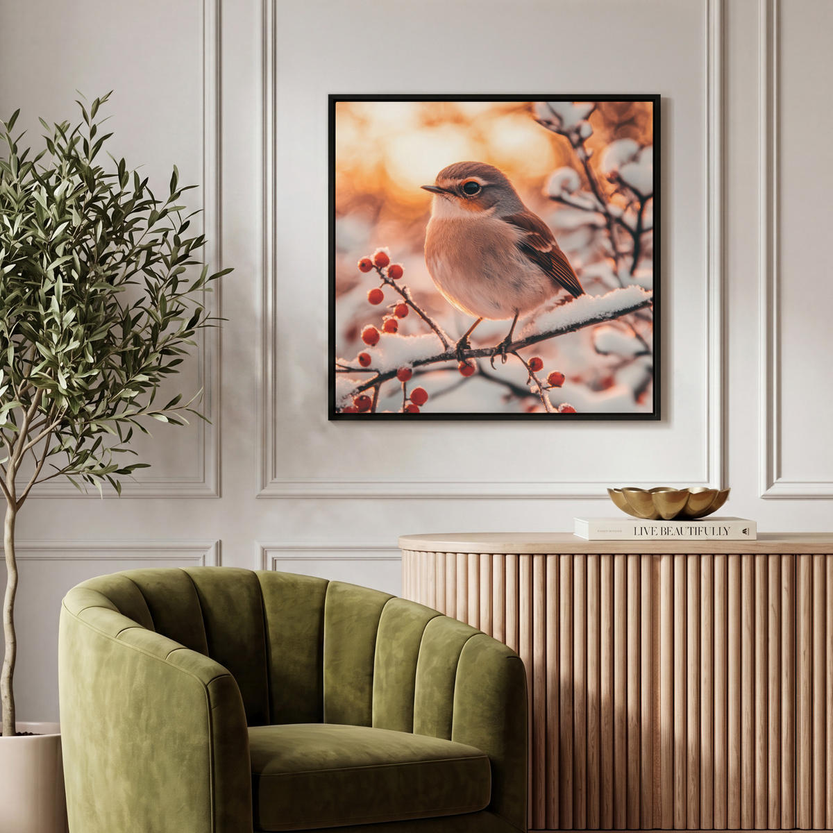 LEINWAND Bilder mit Rahmen - Vogel - Zweig - Winter - Tiere - Schnee - 50x50 - Bernsteinfarben, Textil (50/50cm) - MuchoWow