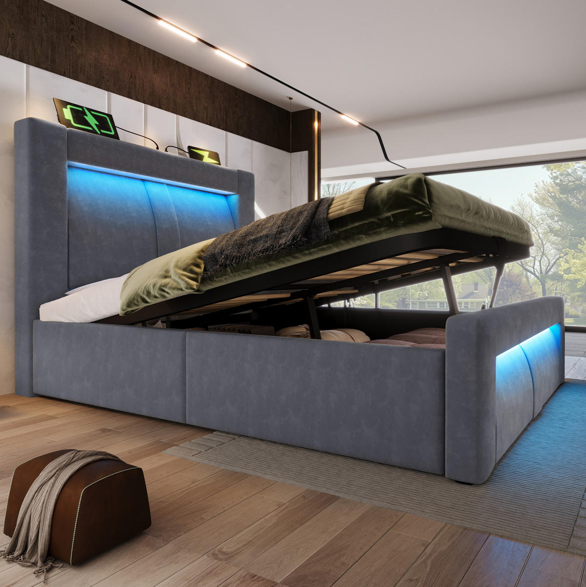 BETT mit Stauraum und LED 90x200 cm Samt Grau - Grau, Metall (90/200cm) - Meubliv