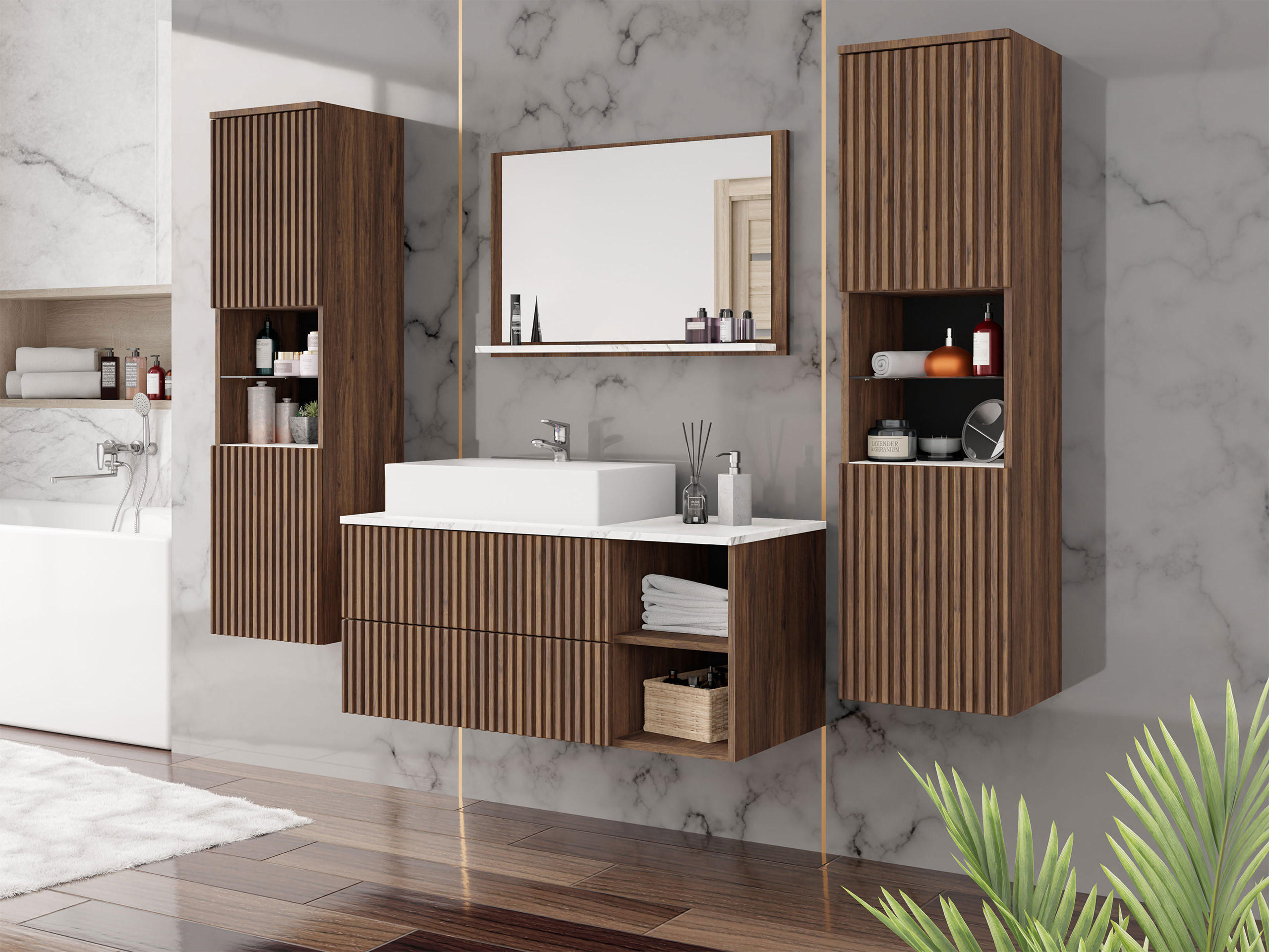 BADMÖBEL-SET Kertos Rillen III - Braun, Holzwerkstoff (100/57/45cm) - MIRJAN24