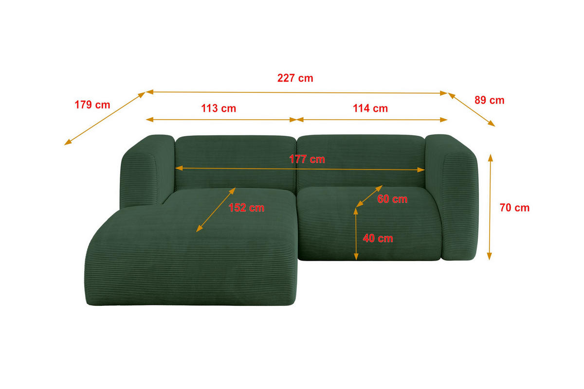 ECKSOFA Ottomane Links MIRA-L1 227x179x89 Grün Cord - Salbeigrün/Schwarz, Holzwerkstoff/Kunststoff (227/179cm) - ALTDECOR