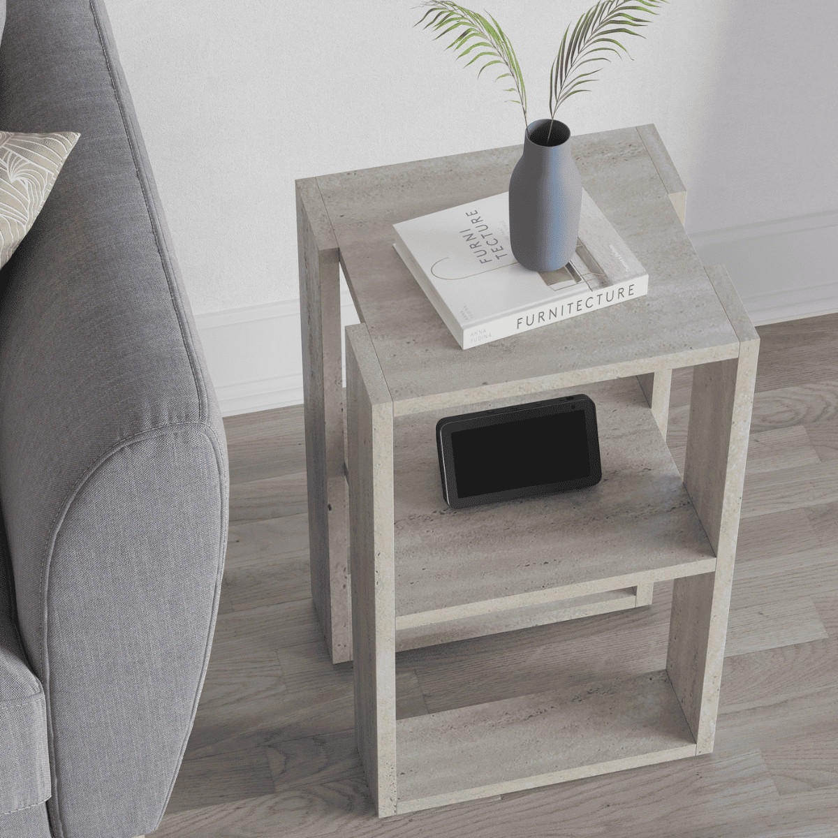 NACHTTISCH mit 2 regalböden, travertin-dekor - lonie 30/30/55 cm - Beige, Holzwerkstoff (30/55/70cm) - Calicosy