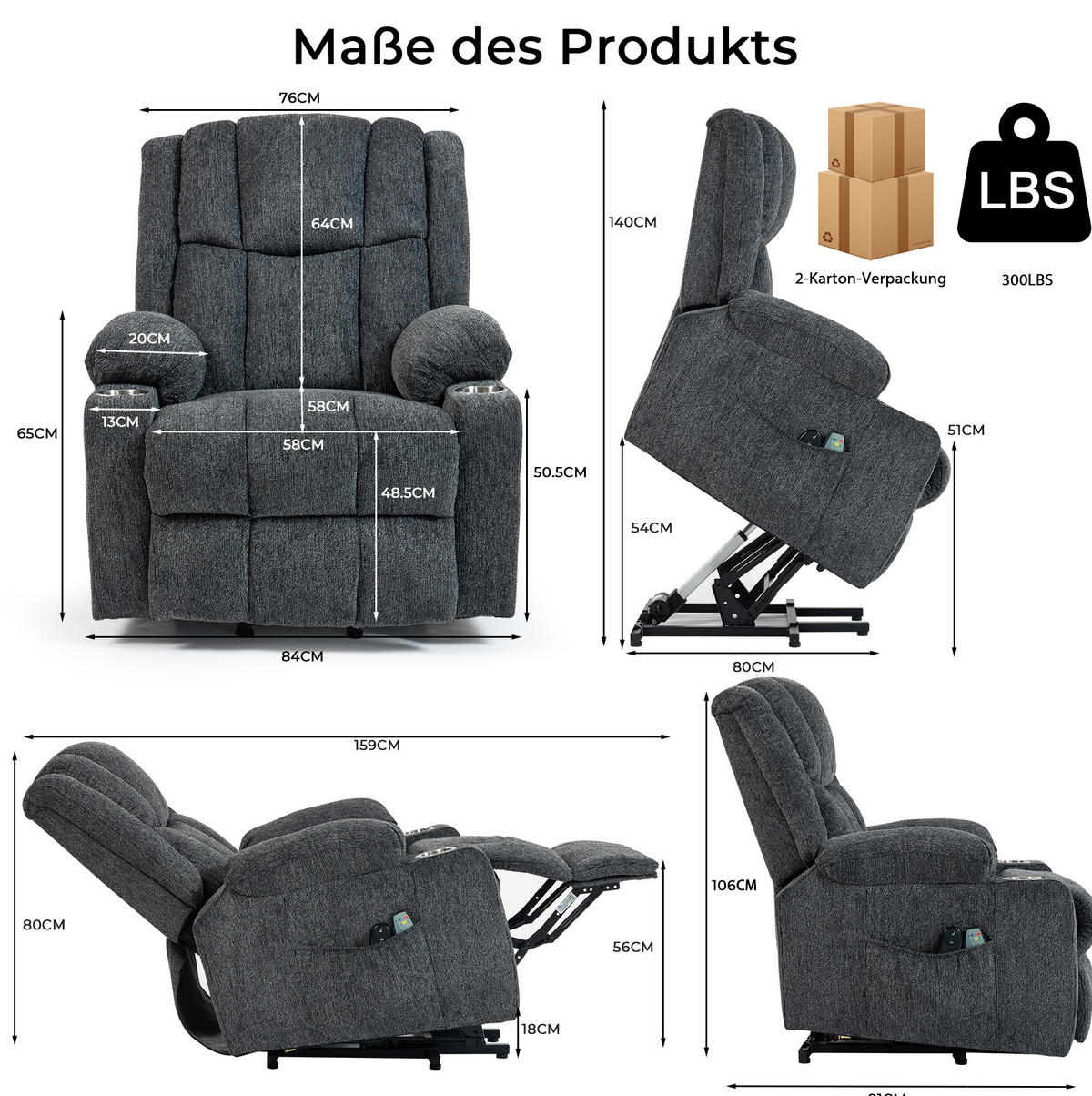 ELEKTRISCHER Relaxsessel Samt mit Aufstehhilfe, Massage, Wärme 91/84/106 cm Dunkelgrau - Dunkelgrau, Textil (84/106/91cm) - Redom