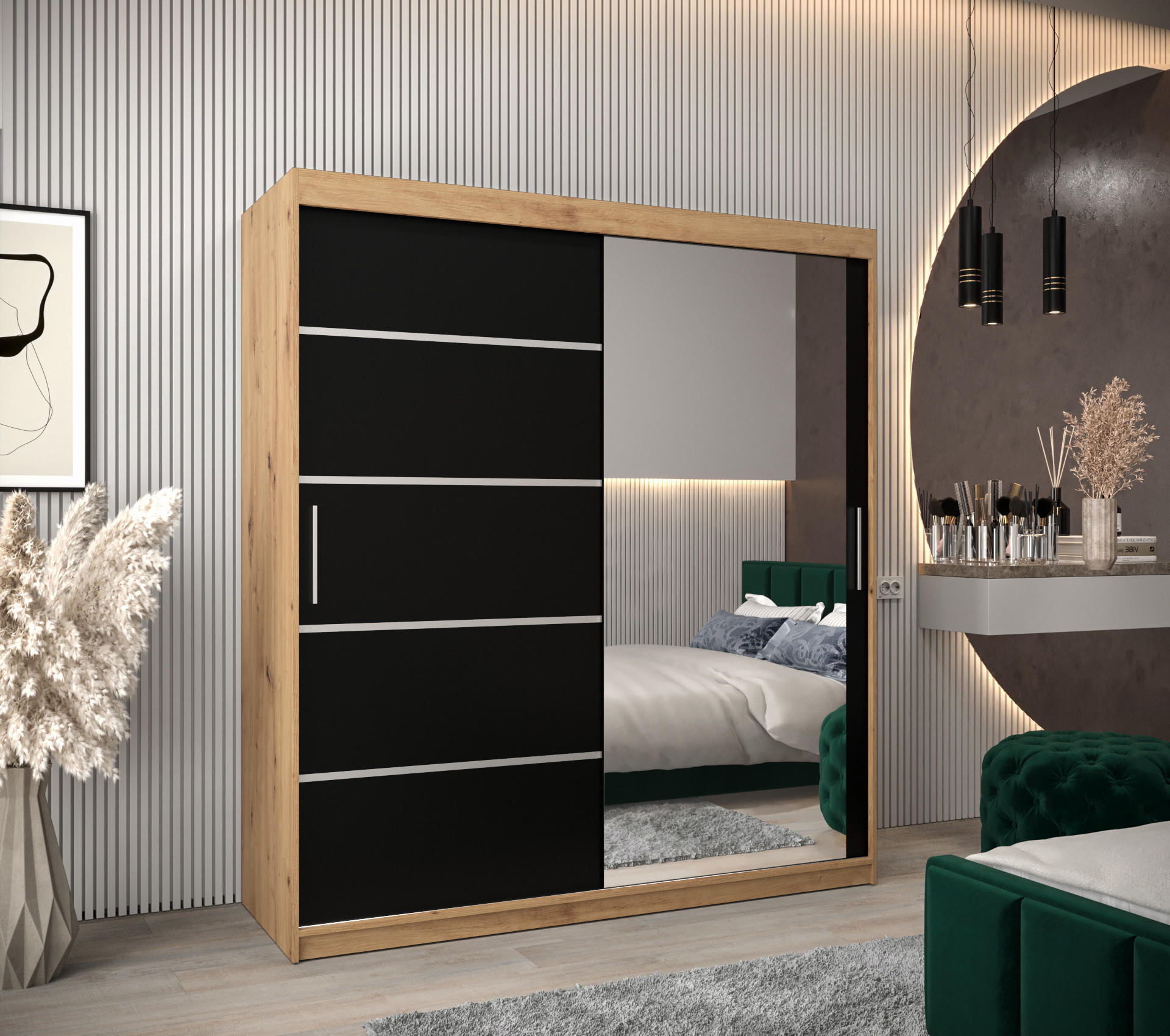 SCHWEBETÜRENSCHRANK 200/180/62 2-türig - Silberfarben/Schwarz, Holz/Kunststoff (180/200/62cm) - Abiks Möbel