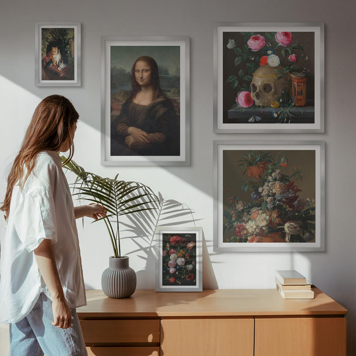 WANDBILDER 5er Set - 50x50 cm & 20x30 cm & 40x60 cm Silberner Rahmen - Vintage Blumen Totenkopf Mona Lisa - Silberfarben, Kunststoff (40/60cm) - ArtPrintCave