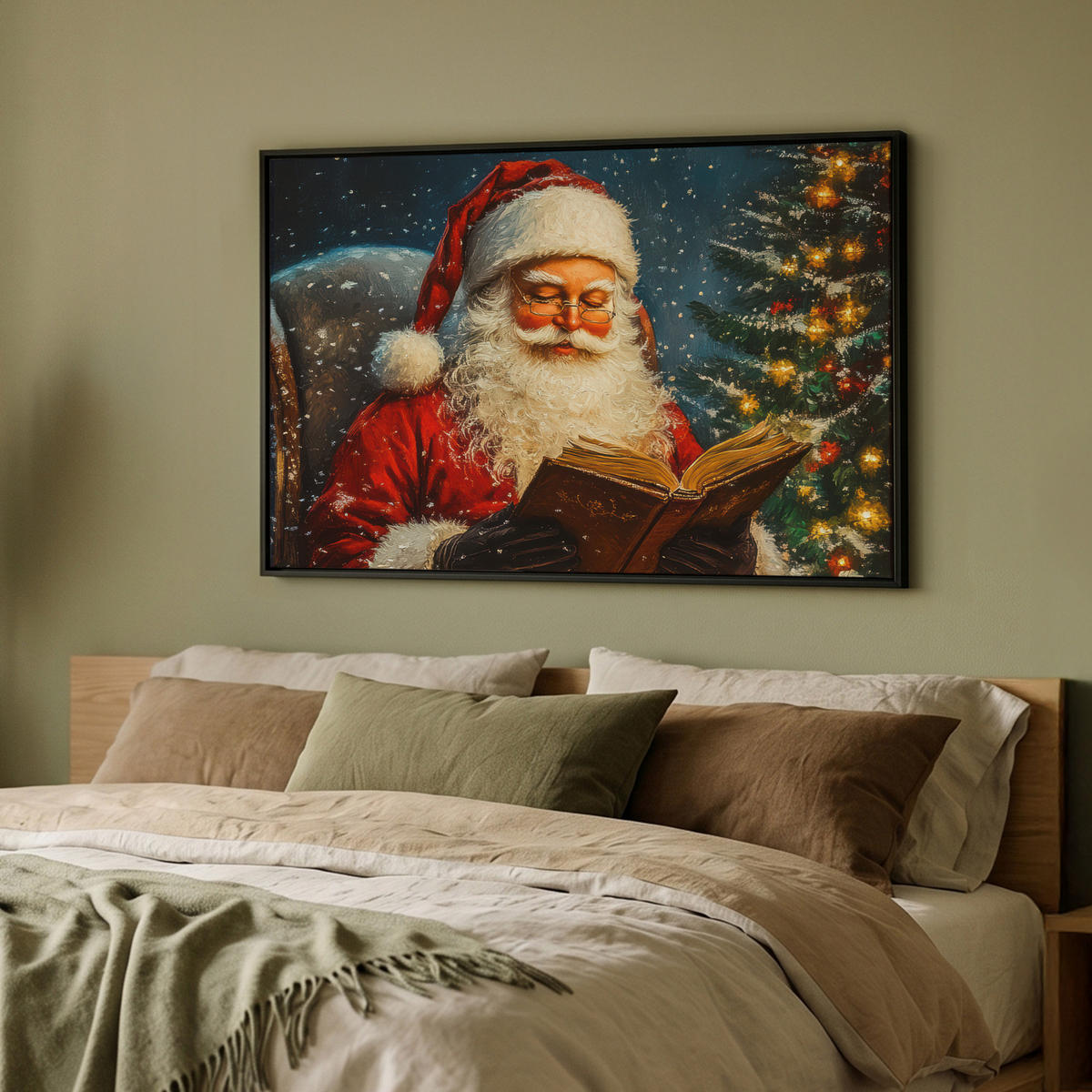 LEINWAND Bilder mit Rahmen - Weihnachtsmann - Weihnachten - Winter - Weihnachtsbaum - 90x60 - Bordeaux, Textil (90/60cm) - MuchoWow