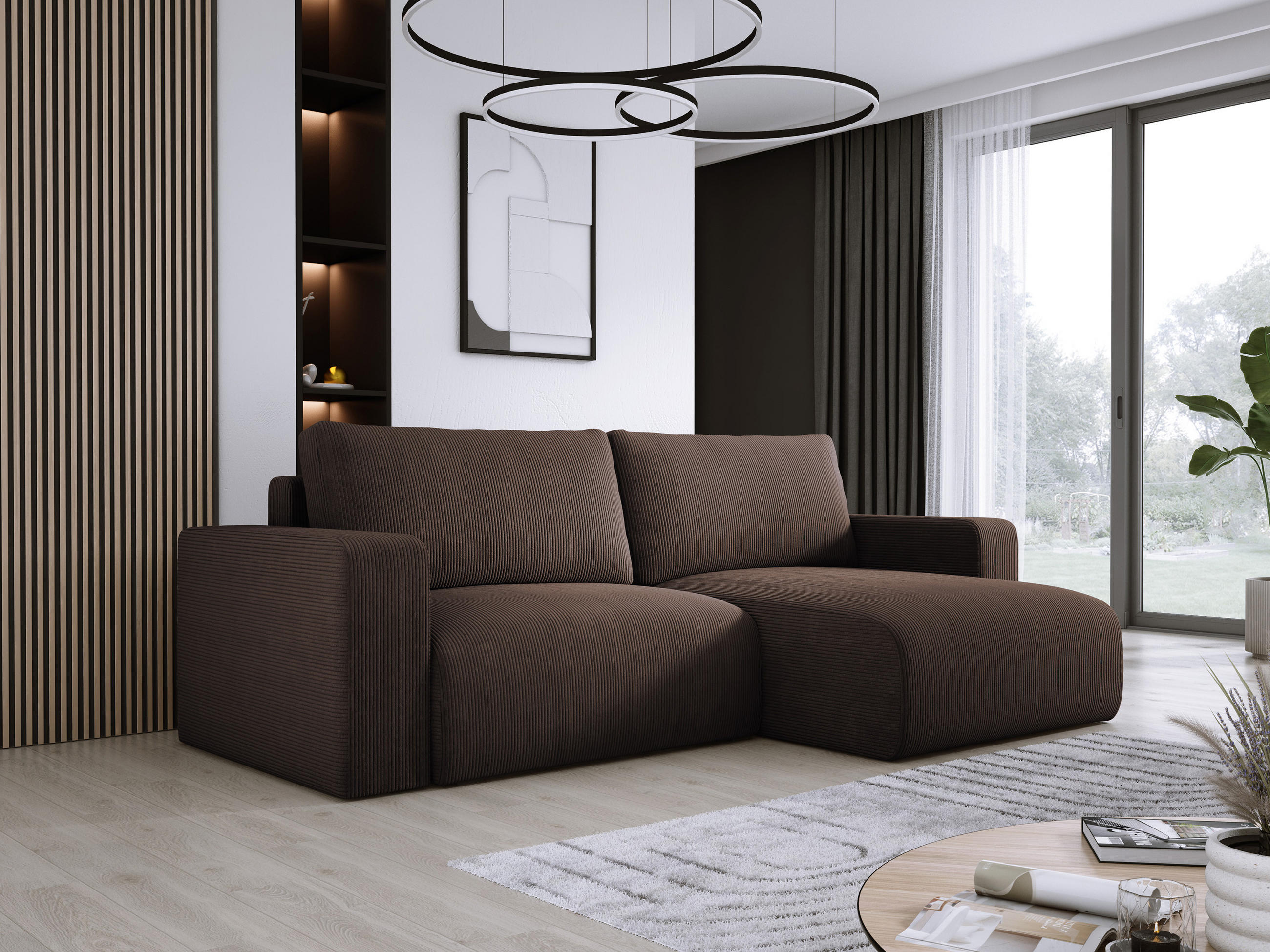 ECKSOFA Carl L-förmig Schlaffunktion und Bettkasten weicher Cordstoff flexibel stellbar lose Rückenkissen freistehend RECHTS 247x143x83cm Dark brown - Dunkelbraun, Holz/Textil (247/143cm) - DomoHome