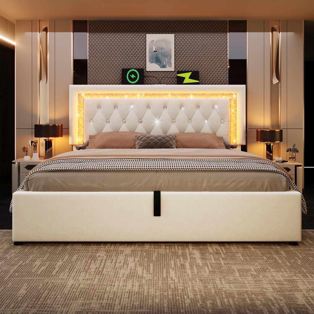 POLSTERBETT mit LED, USB und Stauraum 140x200 cm Samt Beige - Beige, Metall (140/200cm) - Meubliv