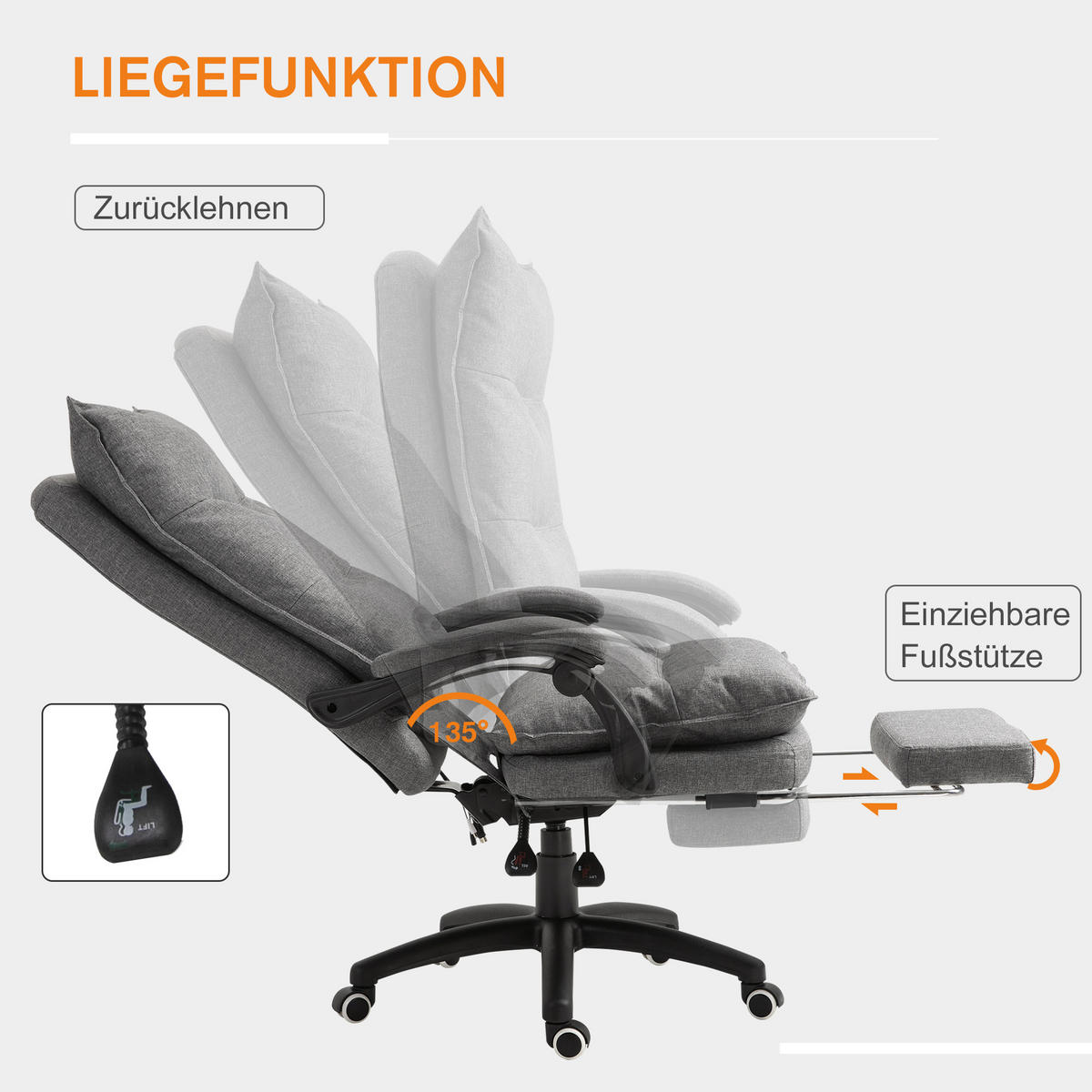 BÜROSTUHL massage Drehstuhl Massagefunktion Chefsessel höhenverstellbar Grau - Grau, Kunststoff (62/130/70cm) - Vinsetto