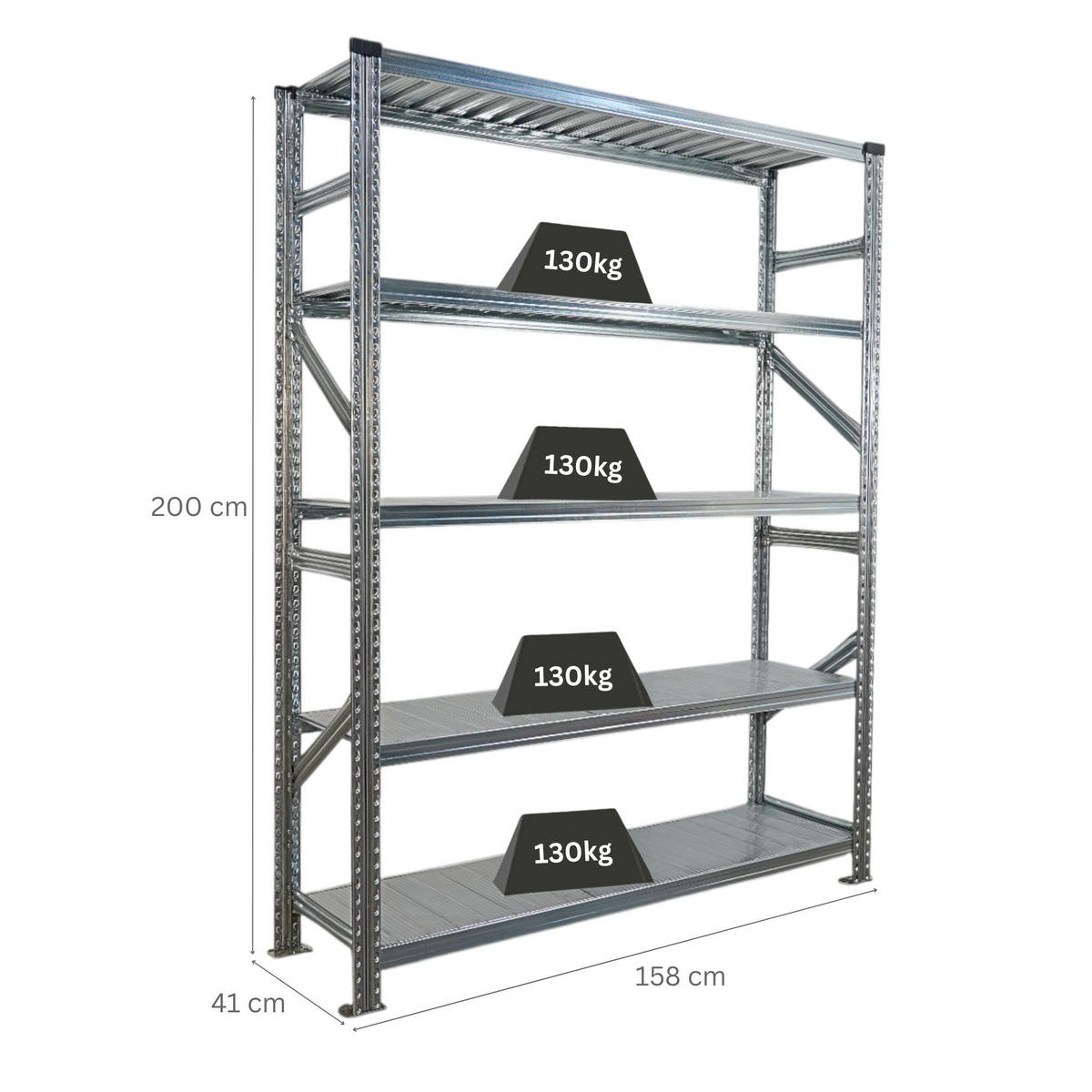 FACHBODENREGAL Proximo Stecksystem 200x150x50cm 5 Ebenen Fachlast 130 kg Beidseitig nutzbar Verzinkt - Silberfarben, Metall (150/200/50cm) - PROREGAL