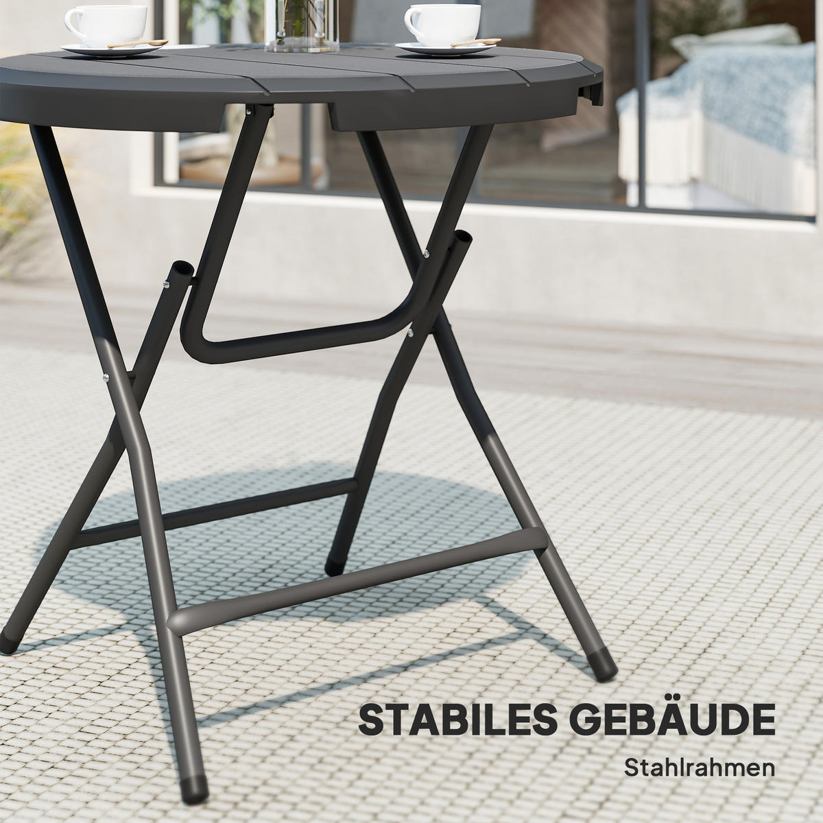 GARTENTISCH DE-07357 rund, klappbar für 4 Personen mit Holzoptik Dunkelgrau - Dunkelgrau, Kunststoff/Metall (80/80/73cm) - ComfortXL