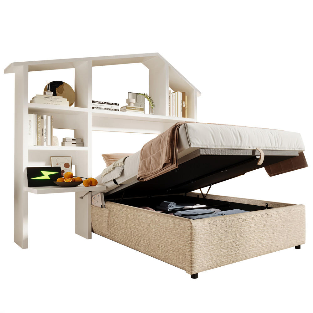 KINDERBETT 90x190cm Einzelbett mit Bücherregal Hydraulik USB-C Natur - Braun, Holz (90/190cm) - FLIEKS