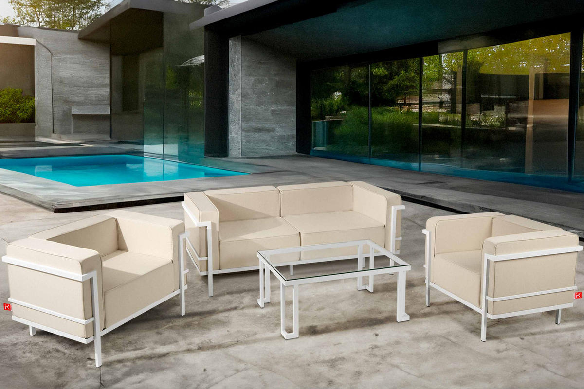 GARTENLOUNGE-SET TRIGLO 4-tlg., 1x Tisch, 2x Sessel, 1x Sofa 2-Sitzer, Modern, Weiß/Cremeweiß - Creme/Weiß, Textil/Metall - KONSIMO®