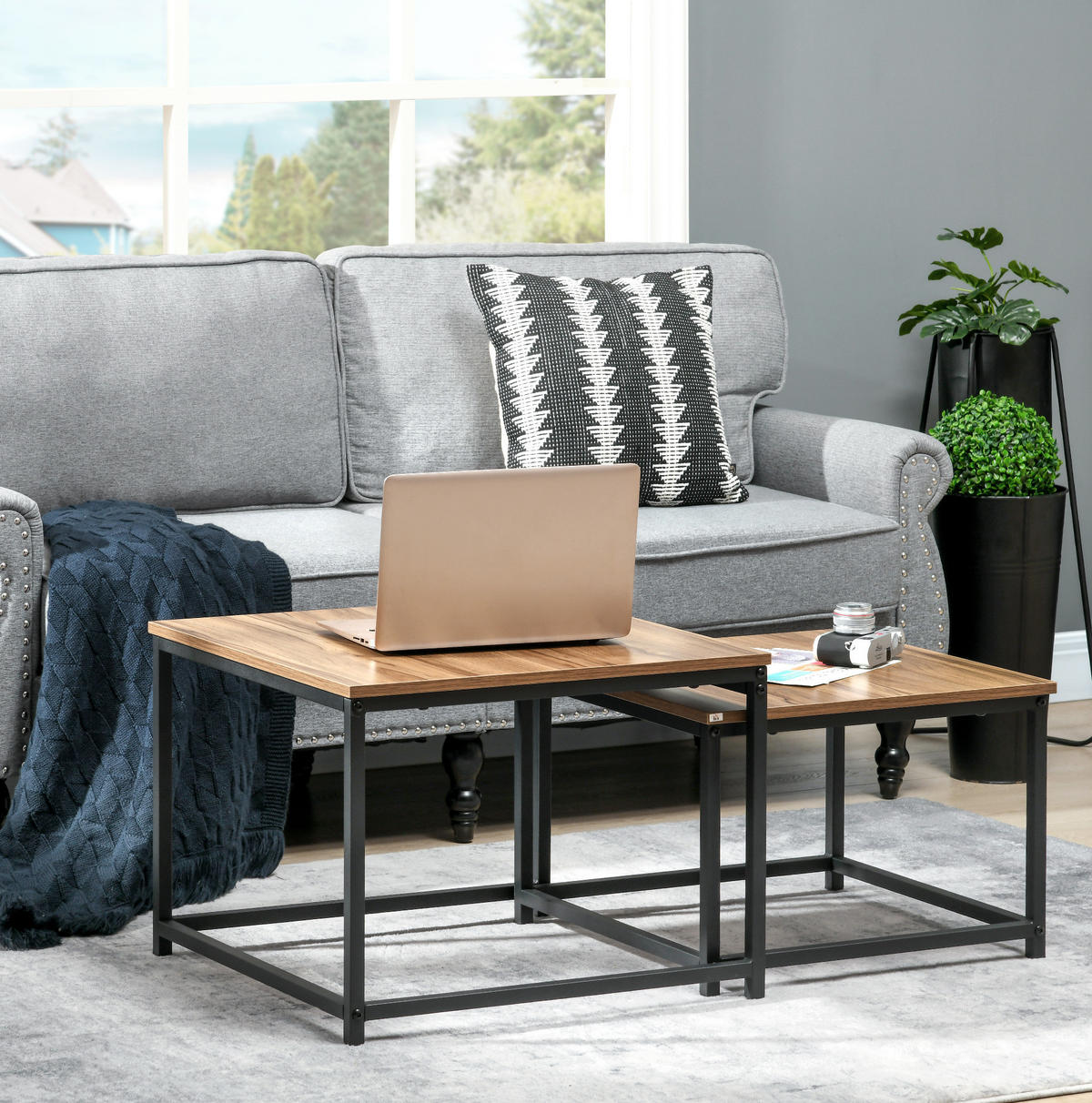 COUCHTISCH 60/60/45 cm und 54/54/38 cm mit Nesting-Funktion und verstellbaren Füßen, Naturholz/Schwarz - Naturfarben, Holzwerkstoff (60/60/45cm) - Redom