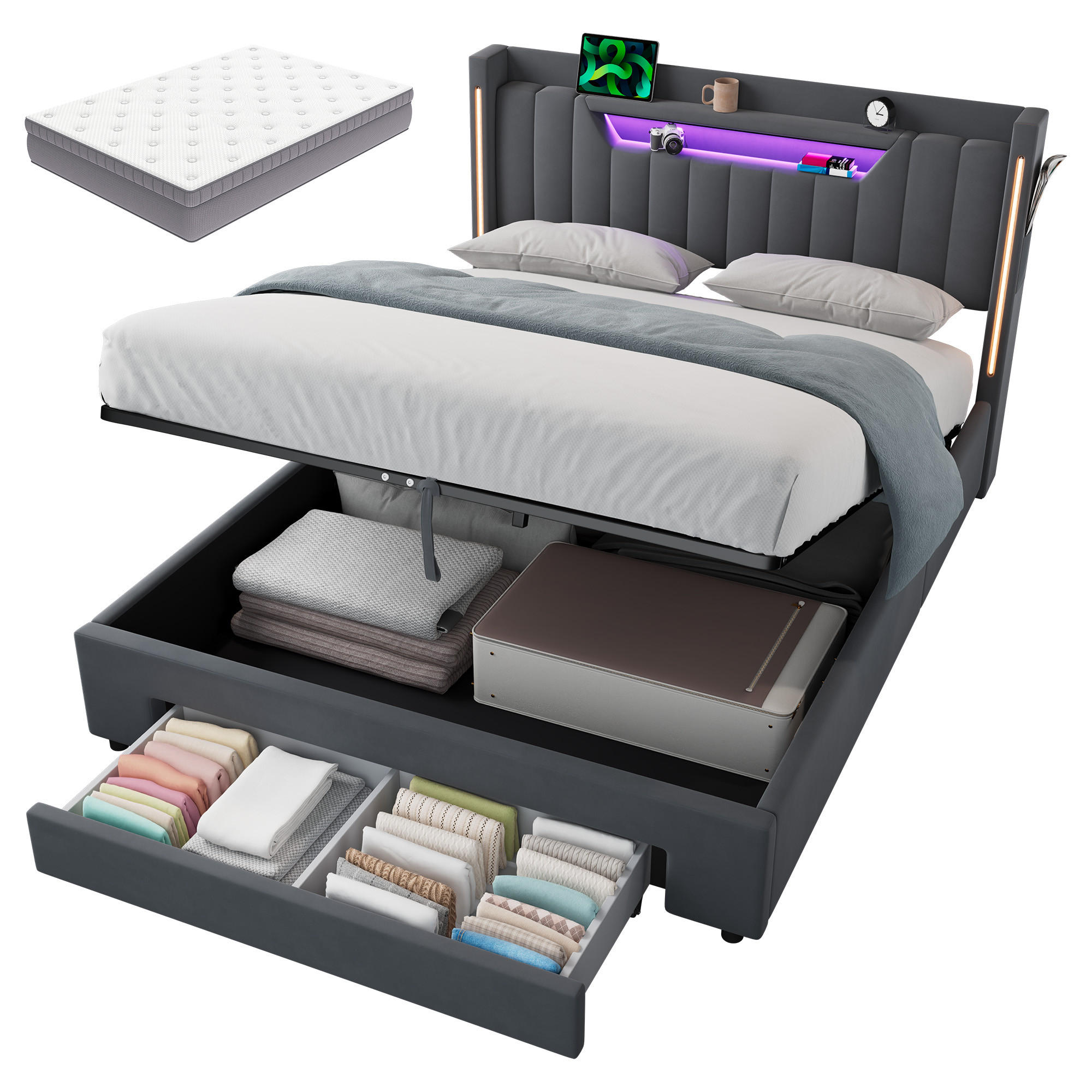 POLSTERBETT 140×200 mit Matratze, Bettkasten, Schubladen und LED Beleuchtung,Samtbezug, in Grau - Grau, Holzwerkstoff/Textil (140/200cm) - STILVORA