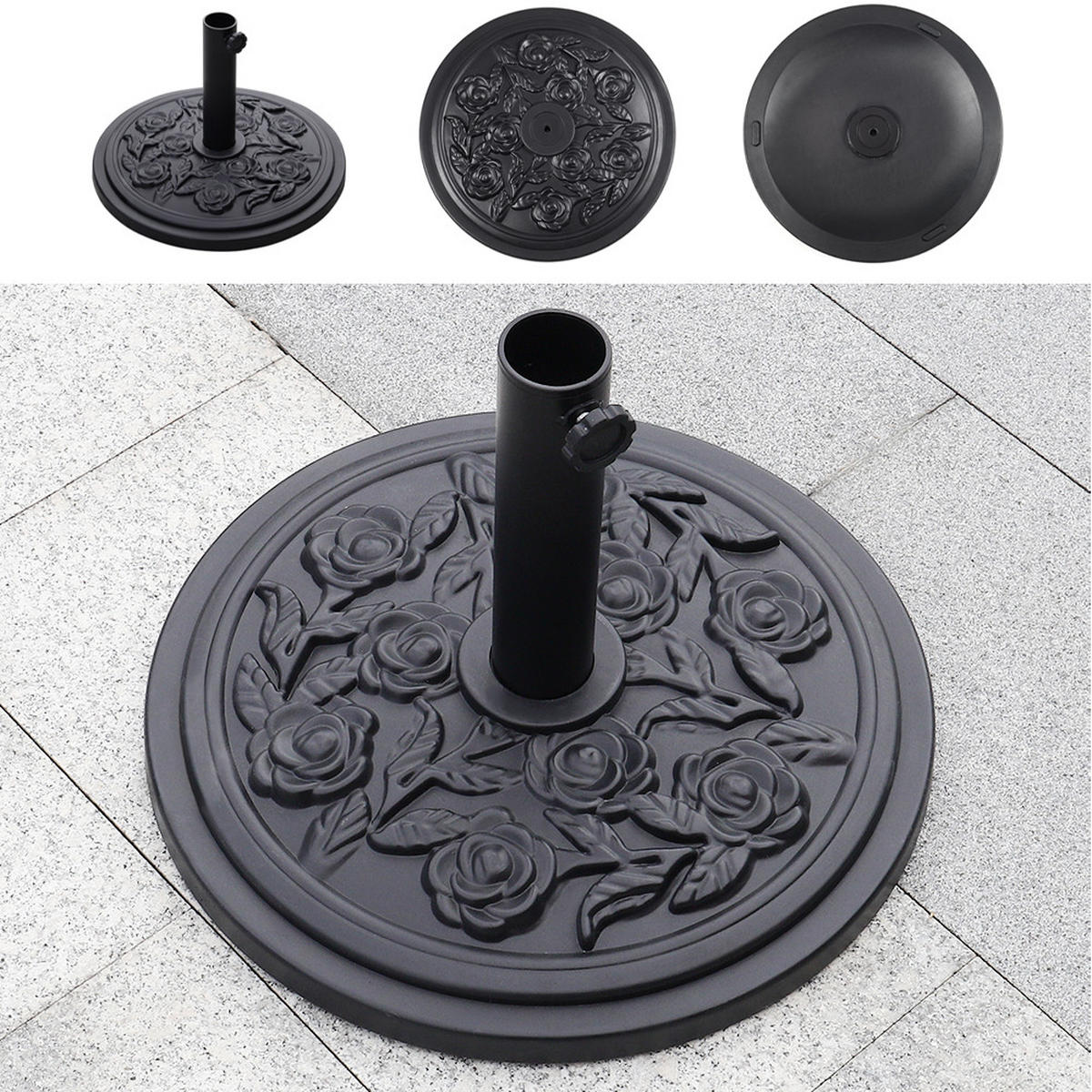SONNENSCHIRMFUSS aus Kunststoff mit dekorativem Blumenmuster Schwarz wetterfest und standfest ohne Befüllen Ø45 × 25 cm 10 kg - Schwarz, Kunststoff/Metall (57/51cm) - Livingandhome