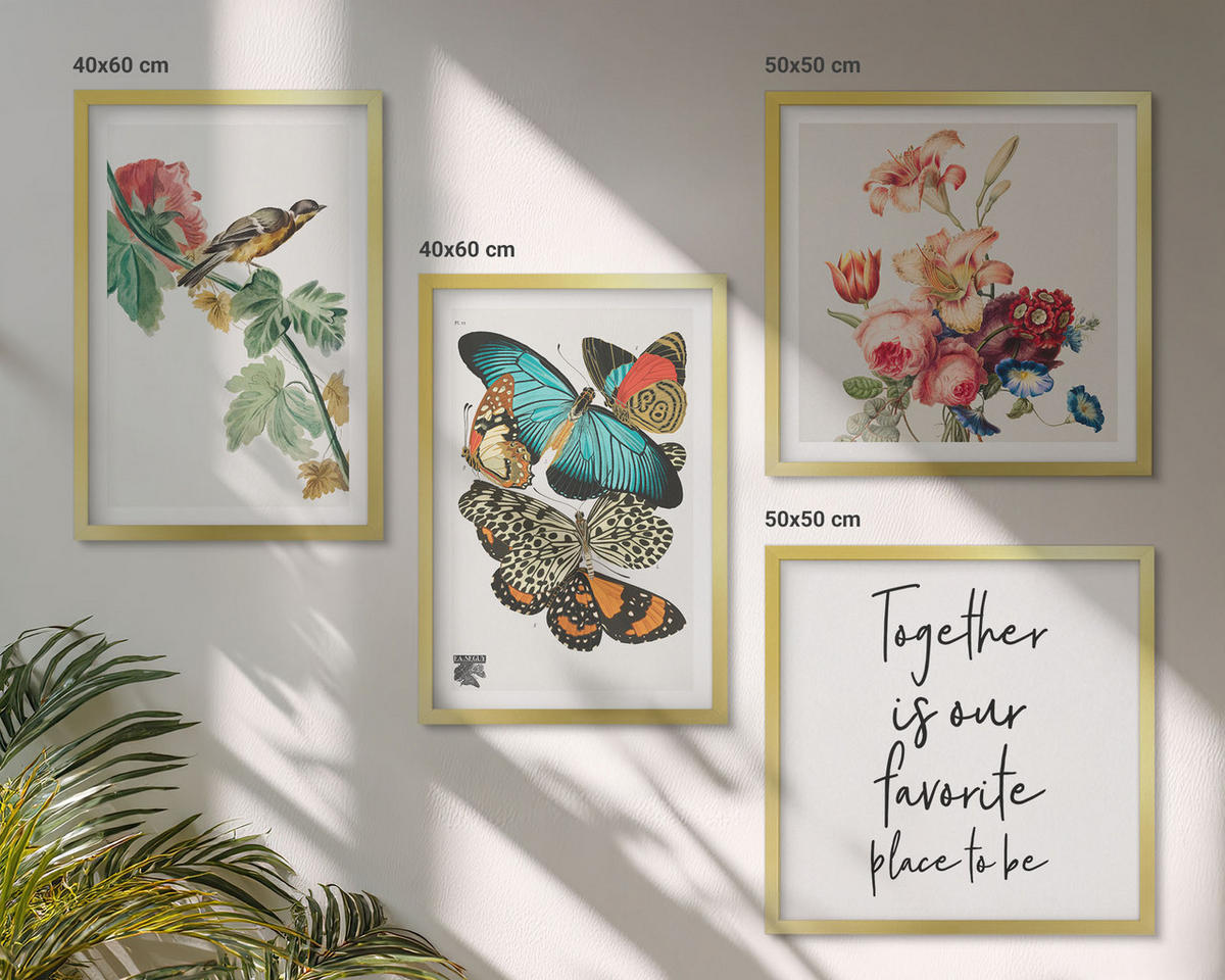 BILDER SET 4er Set - 50x50 cm & 40x60 cm Goldrahmen - Blumen, Schmetterlinge, Vögel, Pastellfarben - Goldfarben, Kunststoff (50/50cm) - TULUP