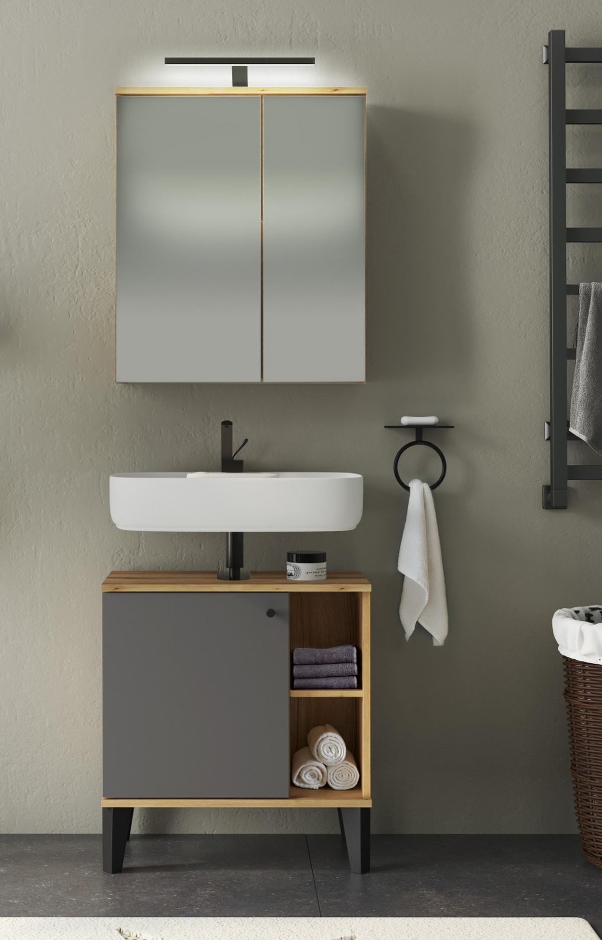 SPIEGELSCHRANK Evoke Eiche, Badschrank 2-türig, 60 x 70 cm - Eichefarben/Grau, Glas/Holzwerkstoff (60/70/19cm) - Furn.Design