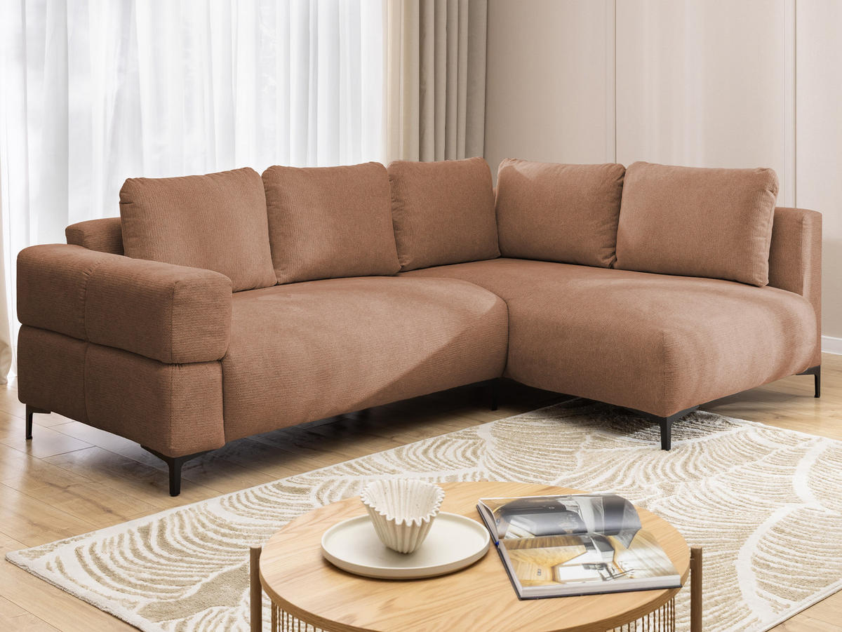 ECKSOFA Cardea in Bubble-Optik aus weichem Terrakotta Strukturstoff mit hohem Sitzkomfort - Ottomane rechts - Terracotta/Schwarz, Holz/Textil (230/170cm) - S-Style Möbel
