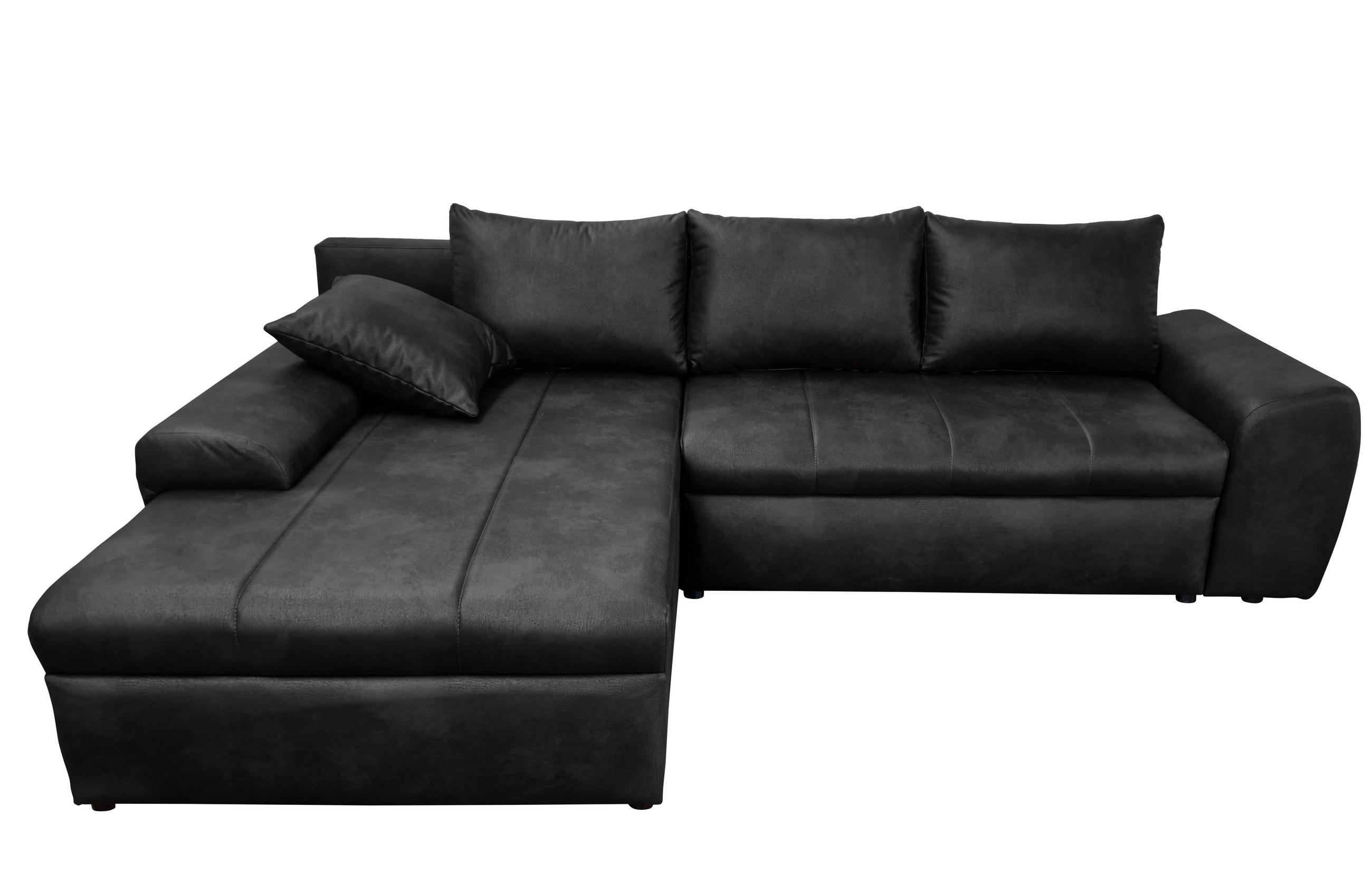 ECKSOFA mit Schlaffunktion, Bettkasten, Wellenunterfederung, Ottomane links B266/T186/H90 cm, Mikrofaser Leder-Optik Vintage Schwarz / 18016 - Schwarz, Kunststoff/Textil (266/186cm) - luma-home