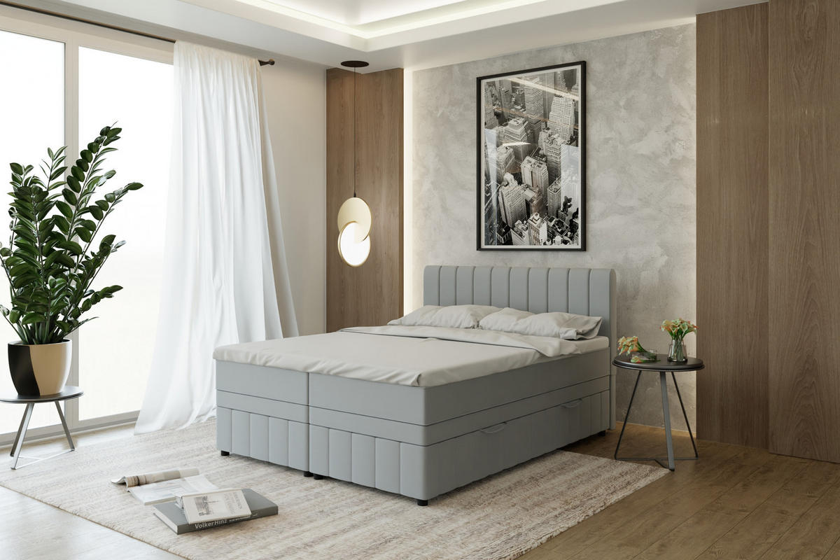 BOXBETT AVALON 160 x 200 cm mit Bettkasten und Topper - Hellgrau - Hellgrau, Holz - Panda Möbel