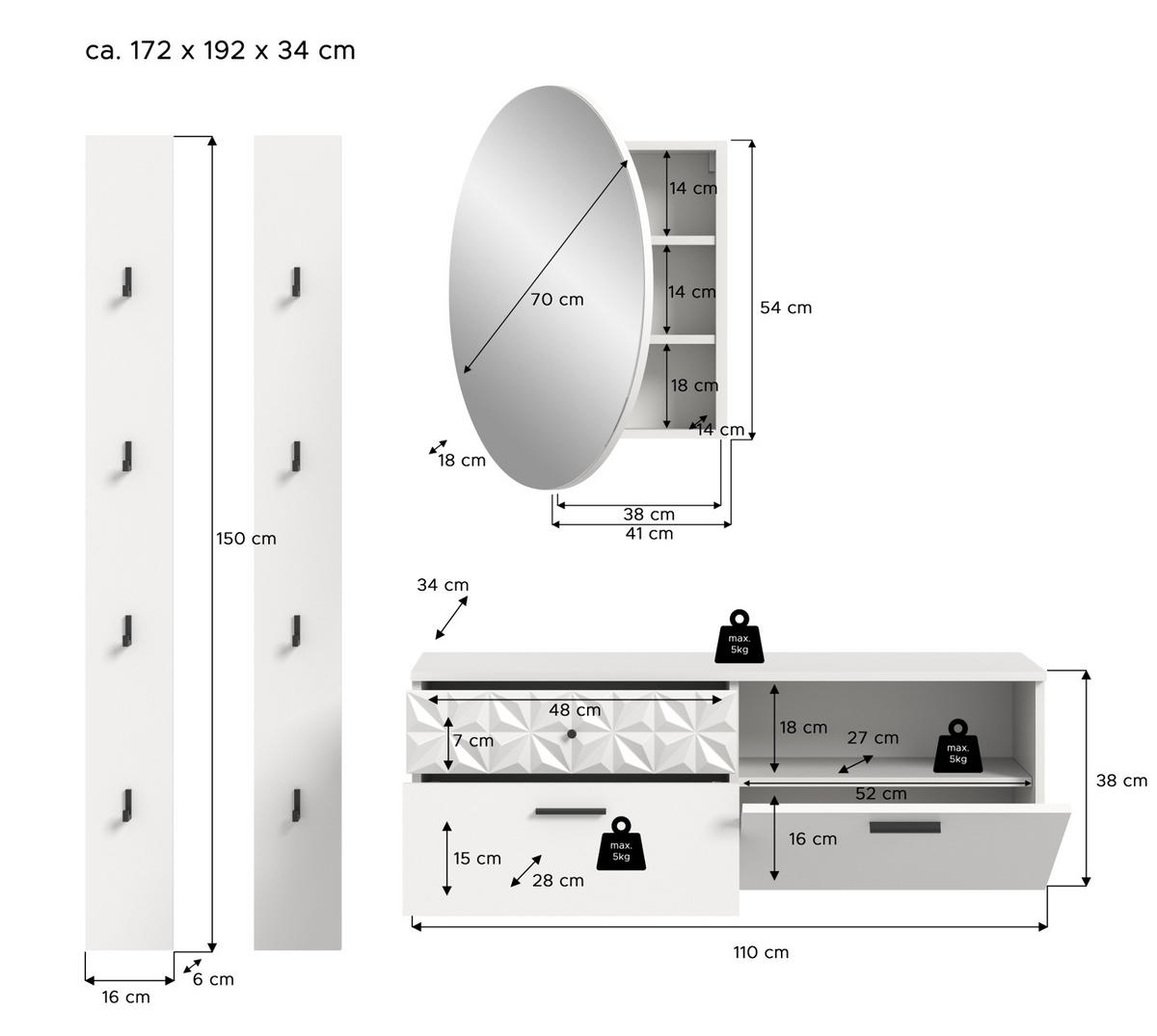 GARDEROBE Set weiß Hochglanz 172 cm, Kombination mit 3D-Struktur - Weiß Hochglanz/Schwarz, Glas/Holzwerkstoff (172/192/34cm) - Inn.Furn