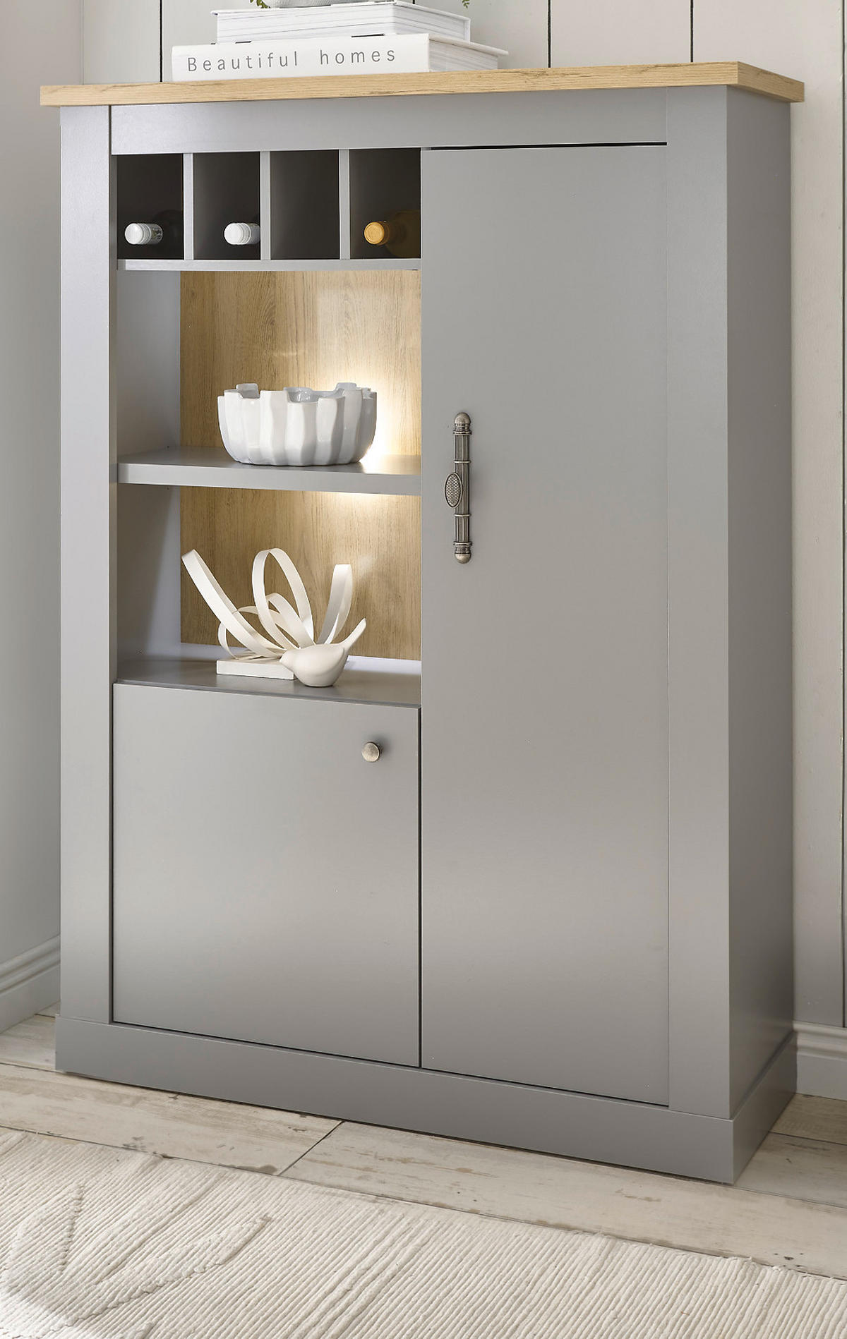 HIGHBOARD grau, Artisan Eiche 130 cm, Kommode im Landhaus-Stil - Silberfarben/Hellgrau, Holzwerkstoff/Metall (103/142/37cm) - Furn.Design