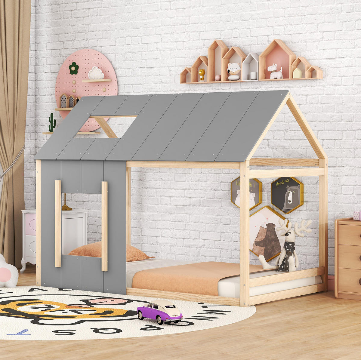 KINDERBETT 90/200 cm in Hausform aus Kiefernholz und MDF, Natur/Grau - Grau, Holz (90/200cm) - BEAOK