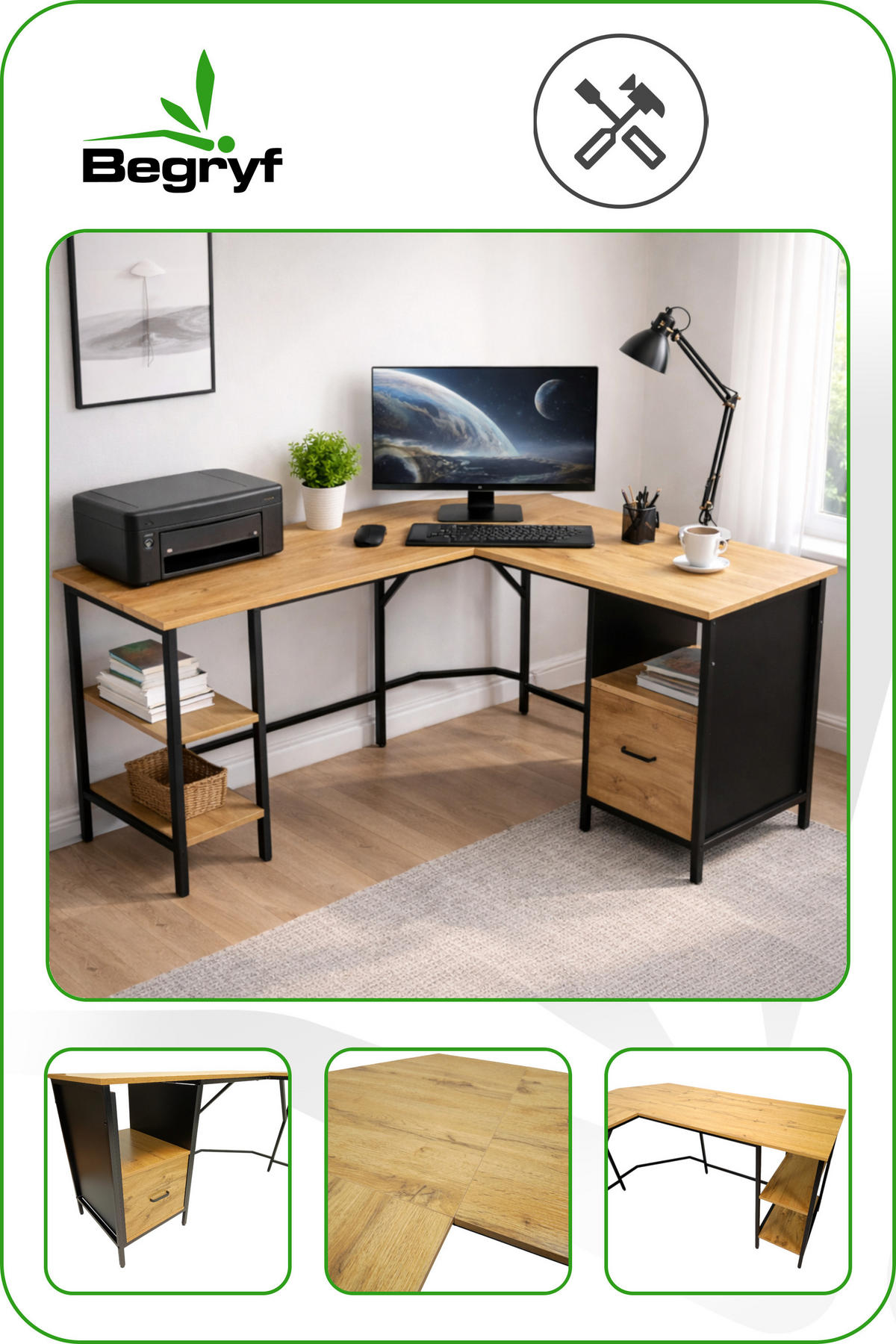 ECKSCHREIBTISCH Holzoptik Eichefarben Metall Schwarz L-Form Büro 149x149x75 cm - Eichefarben/Schwarz, Holzwerkstoff/Metall (149/149/75cm) - Begryf