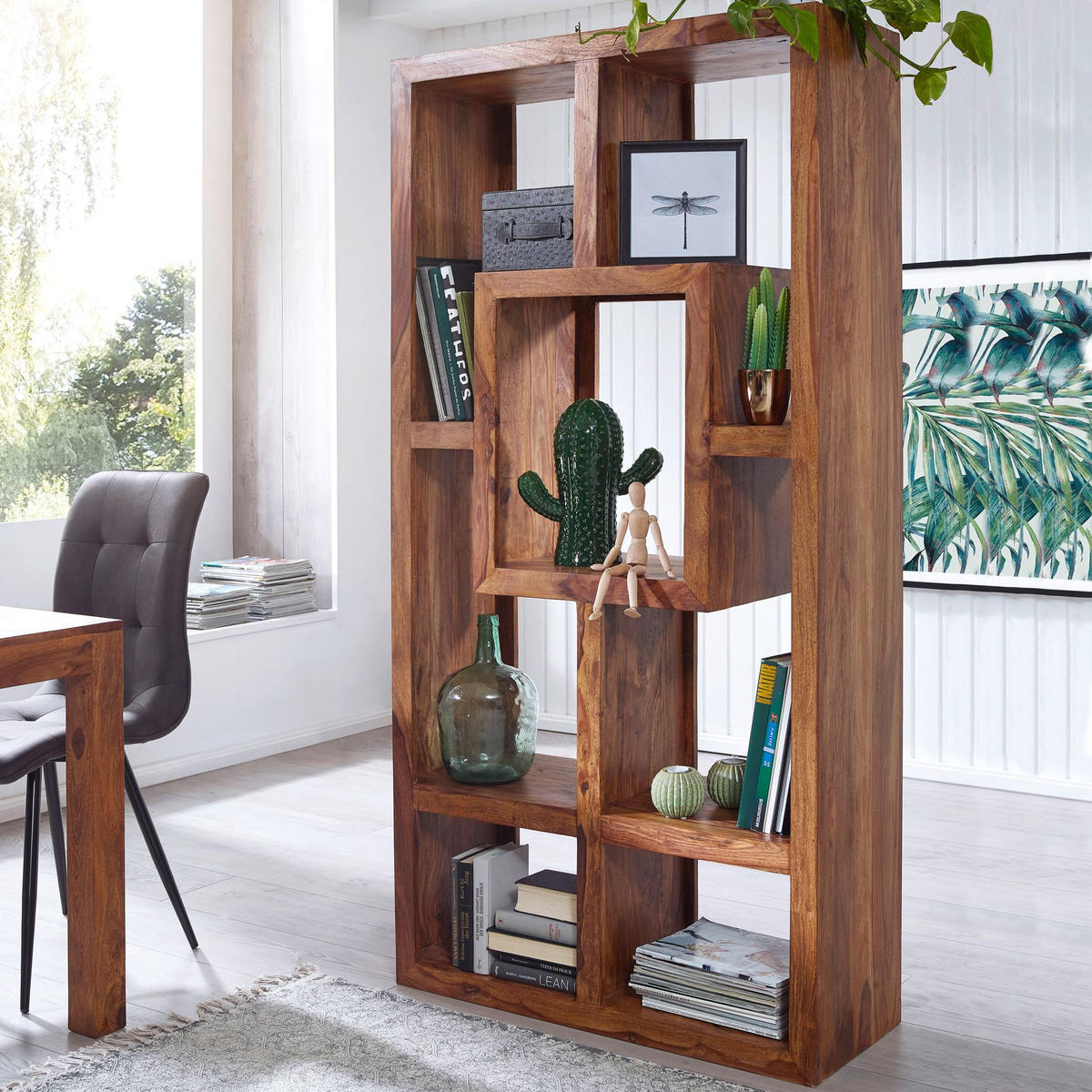 BÜCHERREGAL – NAKO, Naturholz, 90x180 cm, Landhausstil, mit Ablagefächern - Braun, Holz (90/180/35cm) - KADIMA DESIGN