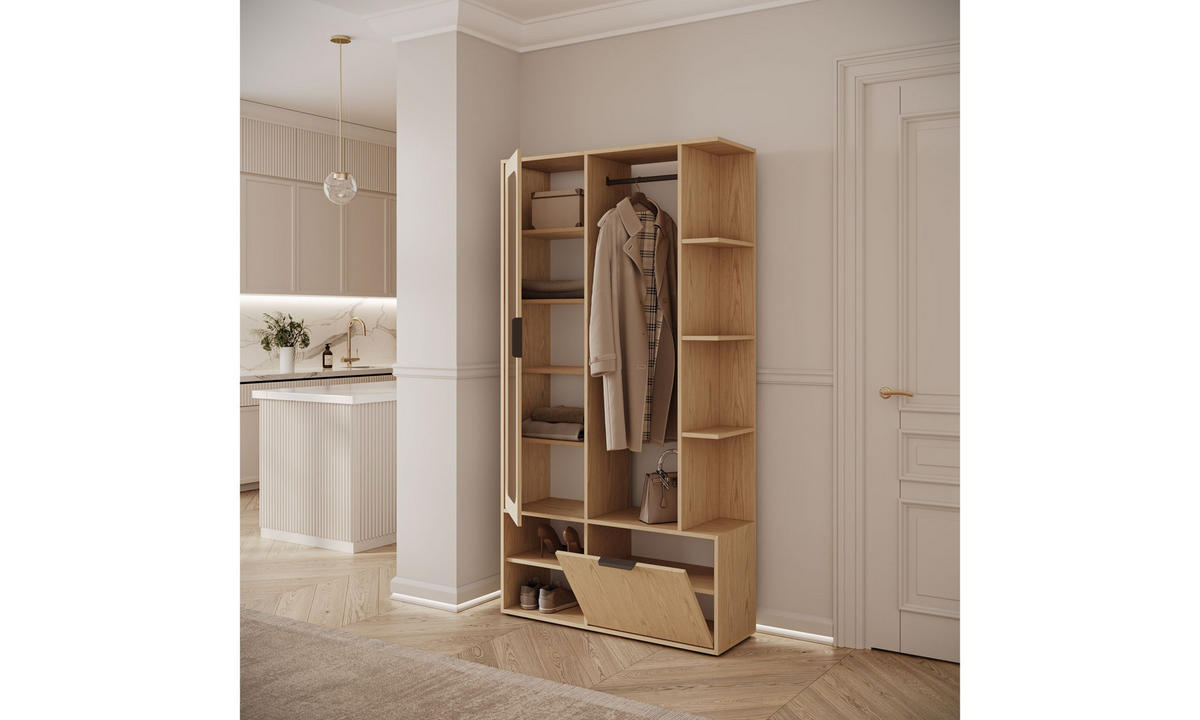 GARDEROBE NOLA 100/33,1/188,5 cm Eiche Bookmatch mit Spiegel und Schuhschrank - Eichefarben, Holzwerkstoff/Metall (100/188.5/33.1cm) - Lookway