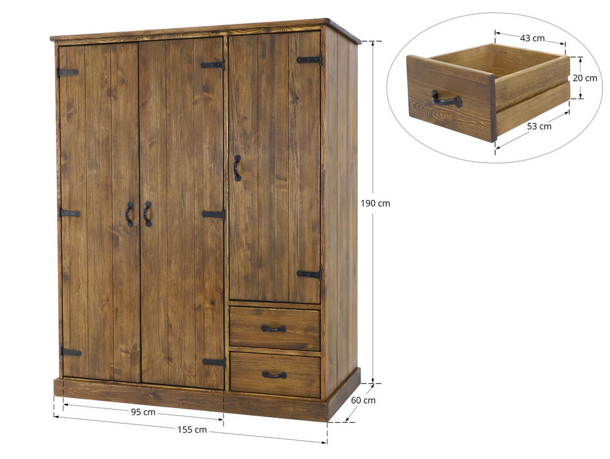 KLEIDERSCHRANK aus Massivholz Rustyk 3D - Dunkelbraun/Schwarz, Holz (155/190/60cm) - Seart